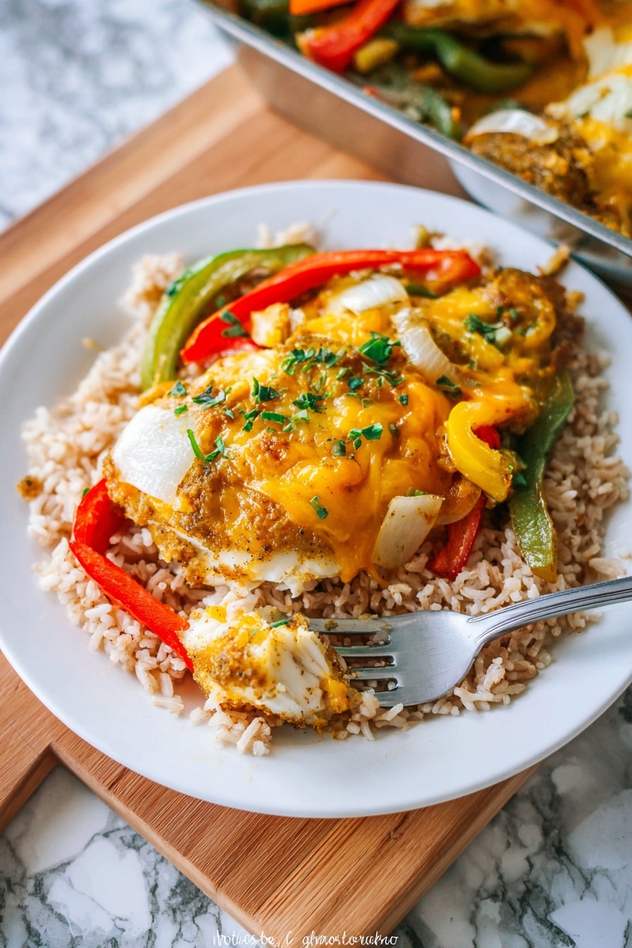 A white plate holds a bed of cooked rice with a light brown color as the base layer. On top of the rice is a large piece of cooked fish with a golden-brown crust. The fish is covered by a layer of melted orange-yellow cheese mixed with colorful cooked vegetables including yellow, green, and red bell peppers and white onion slices. Small green herbs are sprinkled over the dish. A silver fork with a bite of fish, some herbs, and a small piece of red pepper is placed on the plate’s edge. The plate rests on a wooden board with a white marbled textured surface in the background. Photo taken with an iphone --ar 2:3 --v 7 - Easy Baked Chicken Fajitas, baked chicken fajitas, easy fajita dinner, chicken and bell peppers, quick weeknight chicken fajitas