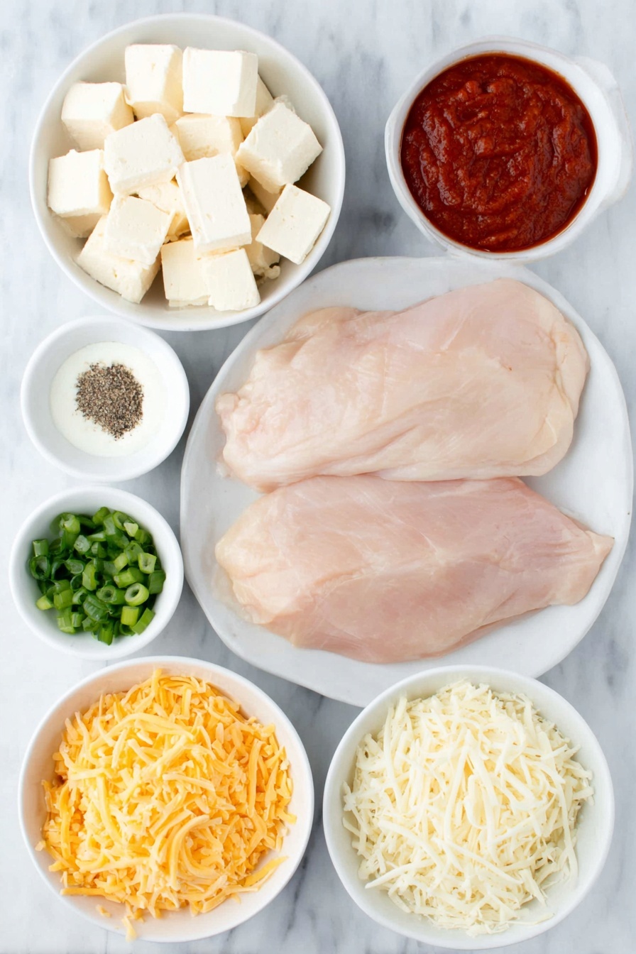 Flat lay of three large boneless skinless chicken breasts, cubed cream cheese, a small white bowl of ranch dressing, a small white bowl of bright red hot sauce, a small white bowl of freshly ground black pepper, a small white bowl of garlic powder, a small pile of chopped green onions, a small mound of shredded mozzarella cheese, and a small mound of shredded cheddar cheese, all arranged in perfect symmetry on simple white ceramic bowls and plates, placed on a clean white marble surface, soft natural light, photo taken with an iPhone, professional food photography style, fresh ingredients, white ceramic bowls, no bottles, no duplicates, no utensils, no packaging --ar 2:3 --v 7 --p m7354615311229779997 - Buffalo Chicken Dip, spicy chicken dip, cheesy chicken appetizer, game day dip, crowd-pleasing appetizer