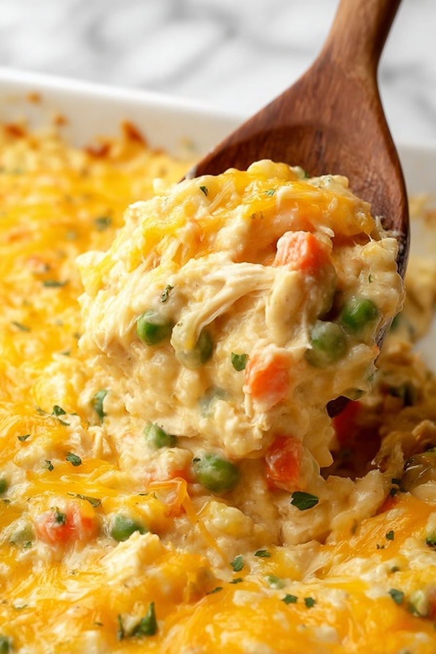 The image shows a close-up of a creamy, cheesy casserole being scooped with a wooden spoon. The dish has multiple layers visible in the spoonful: a top layer of melted yellow cheese, underneath which is a thick, creamy mixture with visible pieces of orange carrots, green peas, and shredded white chicken mixed throughout, all combined in a soft, smooth yellowish sauce. The casserole fills a white dish, and the background is a white marbled surface. Photo taken with an iphone --ar 2:3 --v 7 - Cheesy Chicken and Rice Bake, cheesy chicken and rice casserole, easy chicken and rice dinner, hearty baked chicken and rice, comfort food recipes