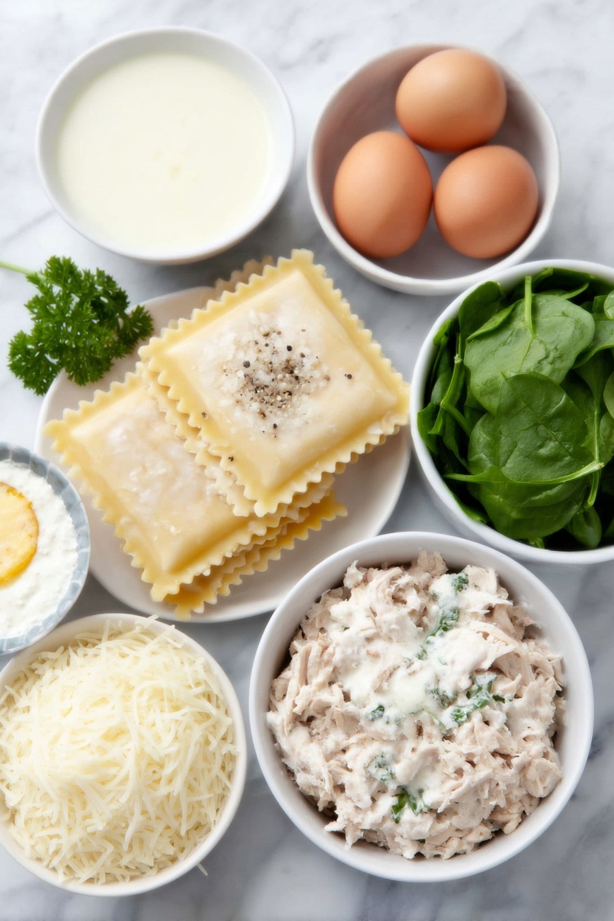 Flat lay of  uncooked flat lasagna noodles arranged neatly, three whole brown eggs with clean shells, a small mound of minced fresh garlic cloves, a small white ceramic bowl of heavy cream, a small white ceramic bowl of golden melted butter, a small white ceramic bowl filled with pale chicken broth, a small round wheel of creamy Boursin garlic and herb cheese, a handful of vibrant fresh spinach leaves, a small pile of shredded mozzarella cheese, a small white ceramic bowl of whole milk ricotta cheese dusted with black pepper, cooked shredded chicken arranged in a loose pile, a few sprigs of bright green fresh Italian parsley, all meticulously balanced and symmetrically placed on a clean white marble surface, soft natural light, photo taken with an iPhone, professional food photography style, fresh ingredients, white ceramic bowls, no bottles, no duplicates, no utensils, no packaging --ar 2:3 --v 7 --p m7354615311229779997 - Creamy Chicken Boursin Alfredo Lasagna, Chicken Boursin Alfredo Lasagna, Creamy Chicken Lasagna with Boursin, Boursin Chicken Alfredo Pasta, Easy Chicken Boursin Lasagna
