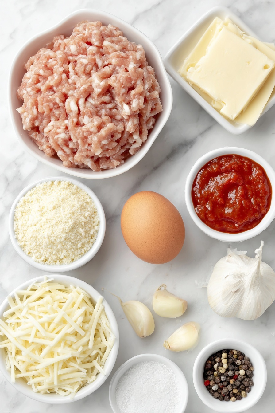 Flat lay of a small mound of fresh, pale pink ground chicken, one whole clean brown egg, a small white ceramic bowl filled with finely ground almond flour, a small white ceramic bowl with finely grated pale yellow parmesan cheese, three peeled garlic cloves, a small white ceramic bowl containing a vibrant red marinara sauce, a small white ceramic bowl with shredded white mozzarella cheese, a few whole black peppercorns, a small white ceramic bowl of pale beige onion powder, and a small pinch of coarse white salt crystals, all arranged with perfect symmetry in a balanced layout, placed on a clean white marble surface, soft natural light, photo taken with an iPhone, professional food photography style, fresh ingredients, white ceramic bowls, no bottles, no duplicates, no utensils, no packaging --ar 2:3 --v 7 --p m7354615311229779997 - Baked Chicken Parmesan Meatballs, healthy meatball recipes, baked Italian meatballs, easy chicken meatball recipe, family-friendly dinner ideas