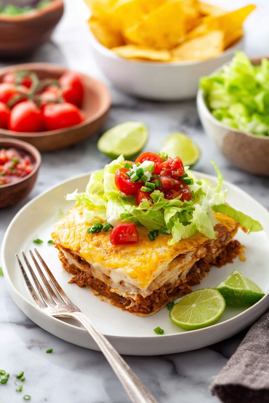 The image shows a white plate on a white marbled surface holding one slice of a layered tortilla dish with four visible layers of tortilla and a filling of shredded meat mixed with sauce, topped with melted cheese that is light golden and slightly bubbly. On top of the slice is a fresh layer of chopped green lettuce, bright red cherry tomato halves, small green onion pieces, and chunky reddish salsa. On the right side of the plate, there are two lime wedges. A silver fork rests on the plate at the front left, with its tines near the food. In the background, there is a white bowl full of yellow tortilla chips and a small white bowl of red salsa, along with a blurred white bowl of more chopped lettuce and a small dark bowl of cherry tomatoes. Photo taken with an iphone --ar 2:3 --v 7 - Easy Chicken Quesadilla Casserole, chicken quesadilla casserole, cheesy chicken bake, quick dinner recipes, family-friendly casseroles