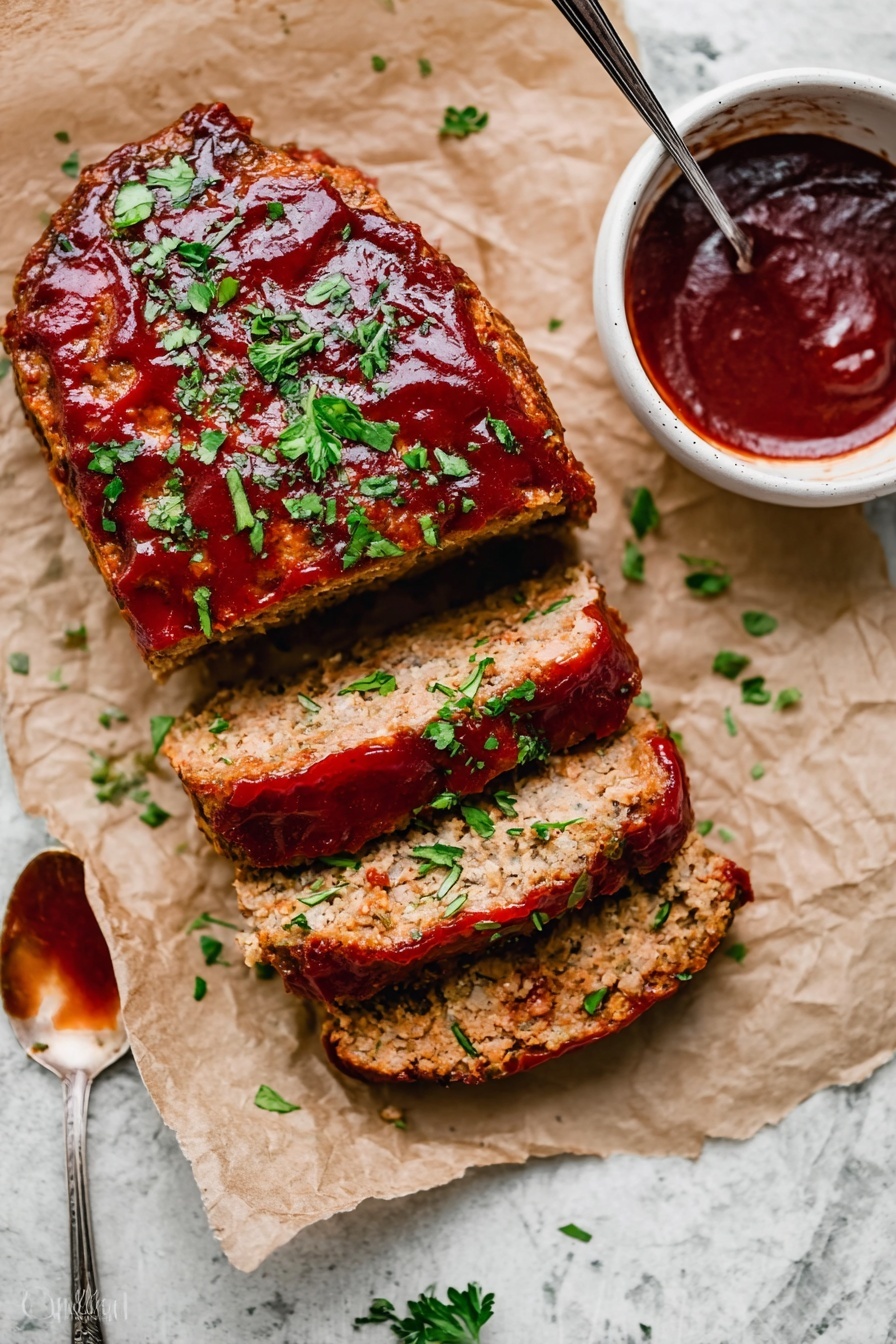 The image shows a sliced meatloaf placed on brown parchment paper over a white marbled surface. The meatloaf has three thick slices cut from a larger piece, each slice topped with a glossy layer of reddish-brown sauce and sprinkled with fresh green chopped herbs. To the right side, there is a small white bowl filled with the same sauce, and above the meatloaf, a silver spoon with some sauce on it lies on the parchment paper. The meatloaf's texture looks tender with a slightly browned crust, and the overall scene is bright and inviting. photo taken with an iphone --ar 2:3 --v 7 - Healthy Ground Turkey Meatloaf, healthy turkey meatloaf recipe, easy ground turkey dinner, nutritious meatloaf recipes, healthy comfort food ideas