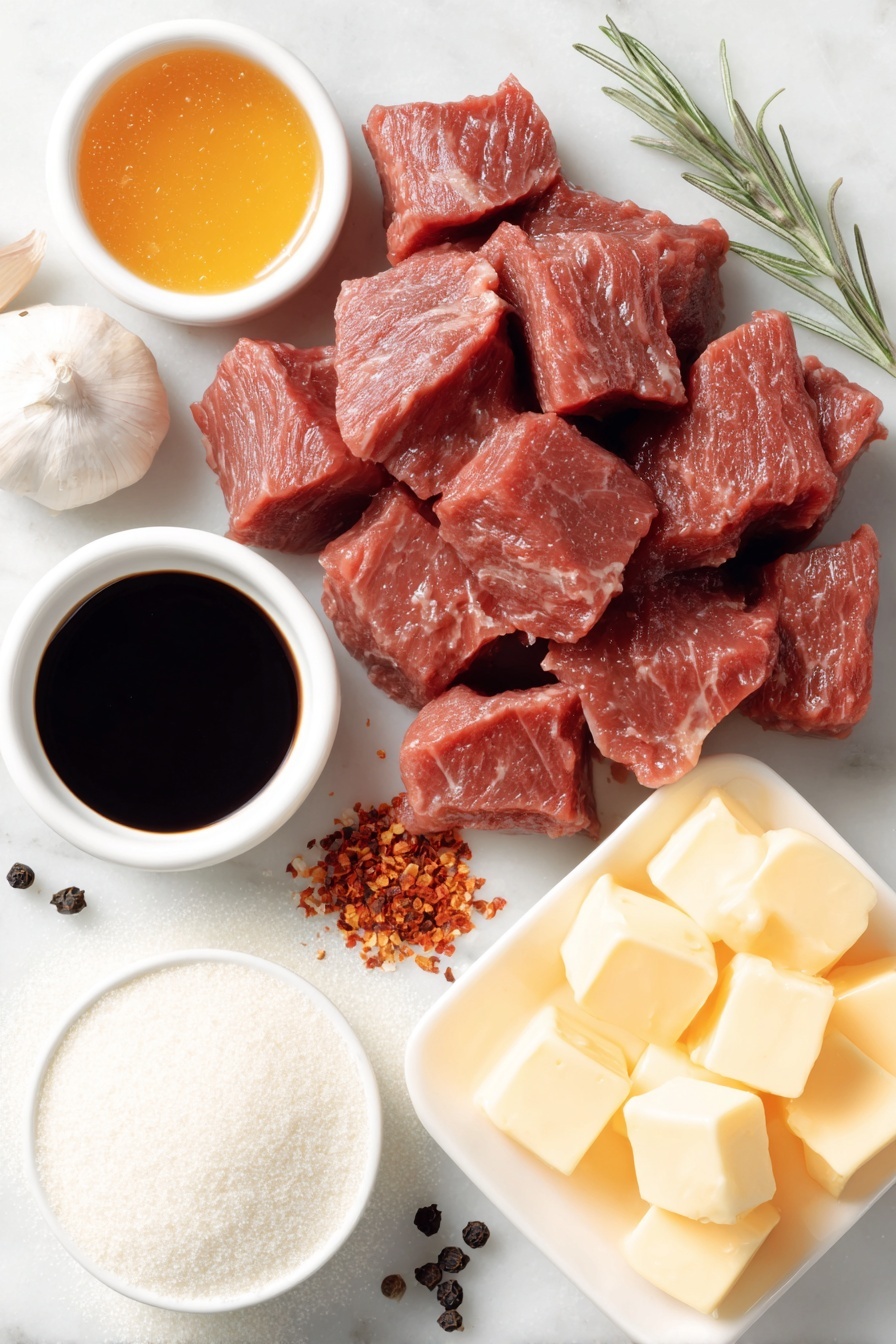 Flat lay of fresh raw sirloin steak chunks with a few sprigs of coarse salt crystals and whole black peppercorns scattered nearby, bright golden honey pooled in a small white ceramic bowl, rich dark soy sauce in another small white bowl, six whole uncracked garlic cloves arranged naturally, a small white bowl holding vibrant red chili flakes, a neat pile of fine white cornstarch powder directly on the white surface, and several small cubes of golden salted butter placed delicately on a simple white ceramic dish, all ingredients arranged symmetrically and balanced, placed on a clean white marble surface, soft natural light, photo taken with an iPhone, professional food photography style, fresh ingredients, white ceramic bowls, no bottles, no duplicates, no utensils, no packaging --ar 2:3 --v 7 --p m7354615311229779997 - Honey Garlic Steak Bites, savory steak bites, easy steak recipes, quick dinner ideas, flavorful beef dishes