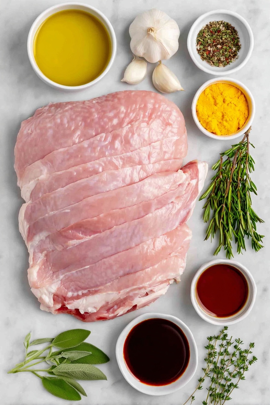 Flat lay of a whole boneless, skinless turkey breast with natural texture and pale pink color, a small white ceramic bowl of golden olive oil, a few whole garlic cloves with papery white skins, small sprigs of fresh sage with soft green leaves, fresh thyme sprigs with tiny green leaves, fresh rosemary sprigs with needle-like dark green leaves, a small white ceramic bowl containing coarse kosher salt crystals, another small white bowl holding freshly ground black pepper, a small white ceramic bowl filled with rich amber pure maple syrup, a small white bowl with smooth bright yellow mustard, a small white bowl of dark brown Worcestershire sauce, a small white bowl of dark soy sauce, all arranged symmetrically and balanced, placed on a clean white marble surface, soft natural light, photo taken with an iPhone, professional food photography style, fresh ingredients, white ceramic bowls, no bottles, no duplicates, no utensils, no packaging --ar 2:3 --v 7 --p m7354615311229779997 - Maple Glazed Turkey Breast Roast, turkey breast roast recipe, easy turkey roast with maple glaze, juicy turkey centerpiece, holiday turkey breast