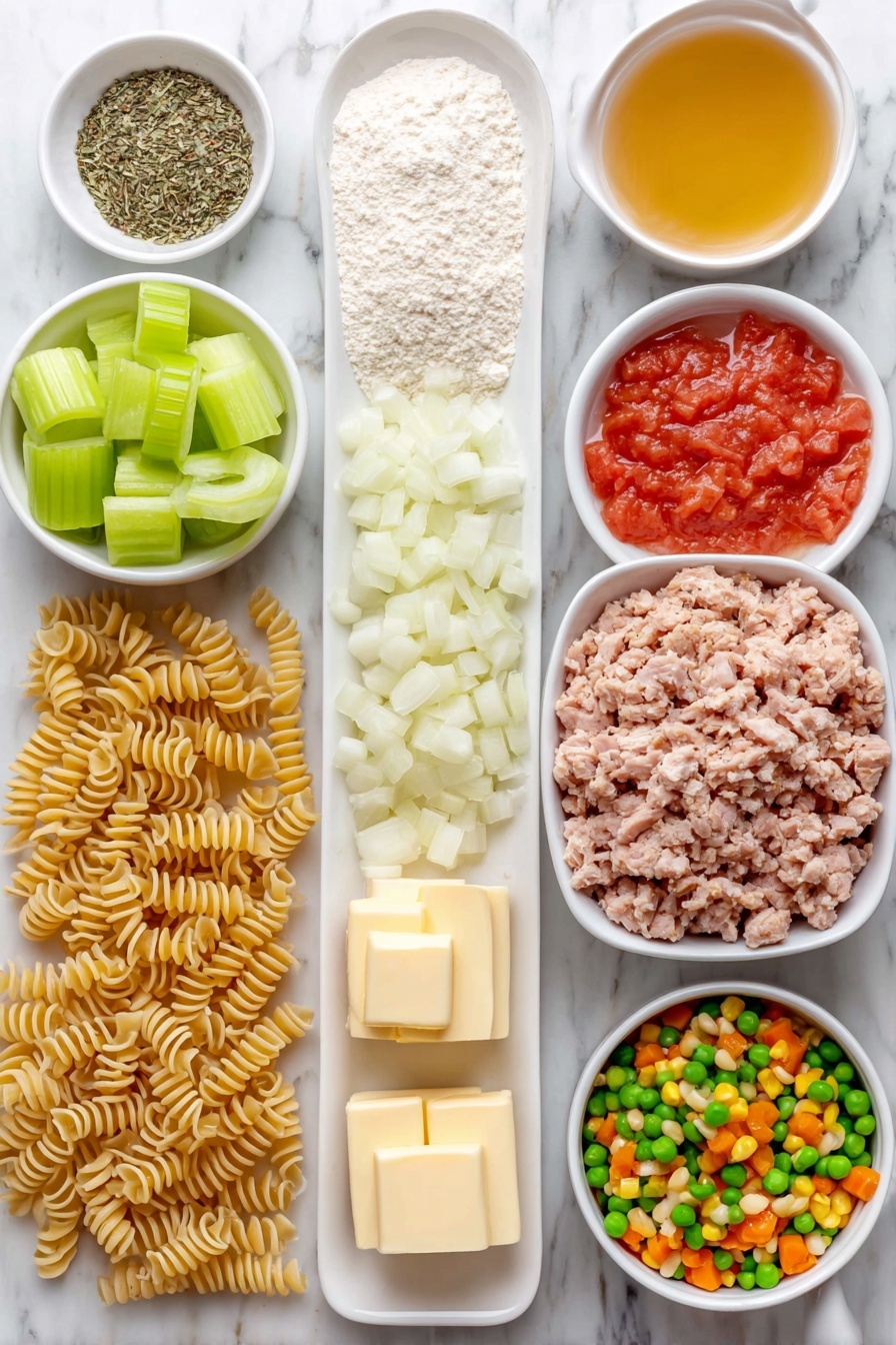 Flat lay of a small pool of golden olive oil in a simple white ceramic bowl, a few rich yellow butter cubes arranged neatly, a large diced white onion pile, four fresh green celery ribs sliced evenly, two peeled garlic cloves finely minced, a small white bowl filled with pale off-white all-purpose flour, a small white bowl containing a mix of dried Italian herbs, a simple white ceramic bowl with clear golden chicken broth, a white bowl with bright red petite diced tomatoes and their juices, a small heap of cooked chopped turkey with natural brown and white hues, a small white bowl of vibrant thawed mixed vegetables including peas, carrots, and corn, six ounces of uncooked medium pasta spirals arranged symmetrically, all ingredients fresh and natural, placed on a clean white marble surface, soft natural light, photo taken with an iPhone, professional food photography style, fresh ingredients, white ceramic bowls, no bottles, no duplicates, no utensils, no packaging --ar 2:3 --v 7 --p m7354615311229779997 - Turkey Vegetable Soup with Pasta, hearty turkey vegetable soup, healthy turkey pasta soup, comforting vegetable and turkey soup, homemade turkey soup with pasta