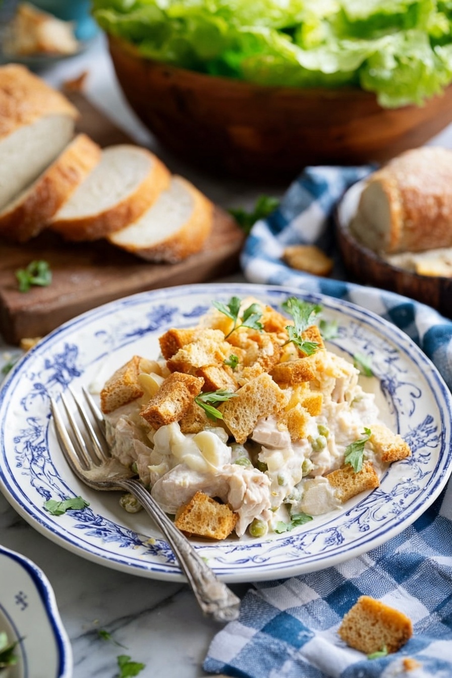 A white plate with blue floral patterns holds a creamy layered dish. The bottom layer looks soft and white, with chunks of white meat mixed with small green bits. The middle layer is creamy, covering the meat and vegetables. The top layer is golden brown broken cracker pieces, crunchy and uneven, scattered over the creamy base with small green herb leaves for garnish. To the side, a silver fork rests on the plate. In the background, there are pieces of crusty white bread on a wooden cutting board and a wooden bowl filled with leafy green lettuce, all placed on a white marbled surface, with a blue and white checkered cloth nearby. Photo taken with an iphone --ar 2:3 --v 7 - Leftover Turkey Rice Casserole, turkey leftover casserole, easy turkey casserole, comforting turkey dinner, holiday turkey leftovers recipe