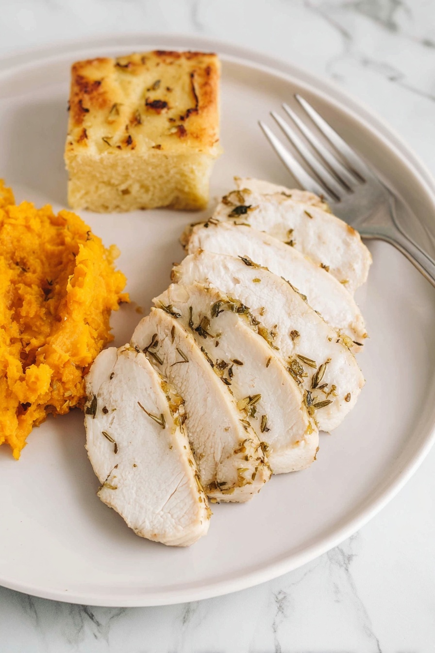 A white plate on a white marbled surface holds three main items: four slices of cooked white meat with small bits of herbs visible on the edges, a small portion of bright orange mashed vegetable with a slightly lumpy texture on the left side, and a square piece of golden brown baked bread with a slightly crispy top and small darker spots towards the top left corner; a silver fork lies above the sliced meat near the top right side of the plate. photo taken with an iphone --ar 2:3 --v 7 - Garlic Herb Turkey Tenderloin, Turkey Tenderloin Recipe, Easy Turkey Dinner, Juicy Turkey Main Dish, Healthy Turkey Recipe