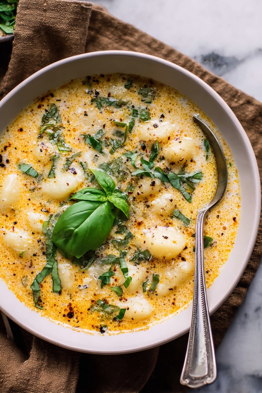 A bowl of creamy soup with small round potato pieces in light yellow color floating in an orange-tinted broth. The soup is garnished with chopped green herbs scattered on top and a single fresh basil leaf placed near the center. The surface of the soup has some melted cheese and small dark brown spots, hinting at spices or seasoning. A silver spoon rests inside the bowl on the right side. The bowl is white with a speckled texture sitting on a brown cloth over a white marbled surface. photo taken with an iphone --ar 2:3 --v 7 - Creamy Gnocchi Chicken Soup, hearty chicken gnocchi soup, easy comfort food recipes, quick and creamy soup, cozy weeknight dinners