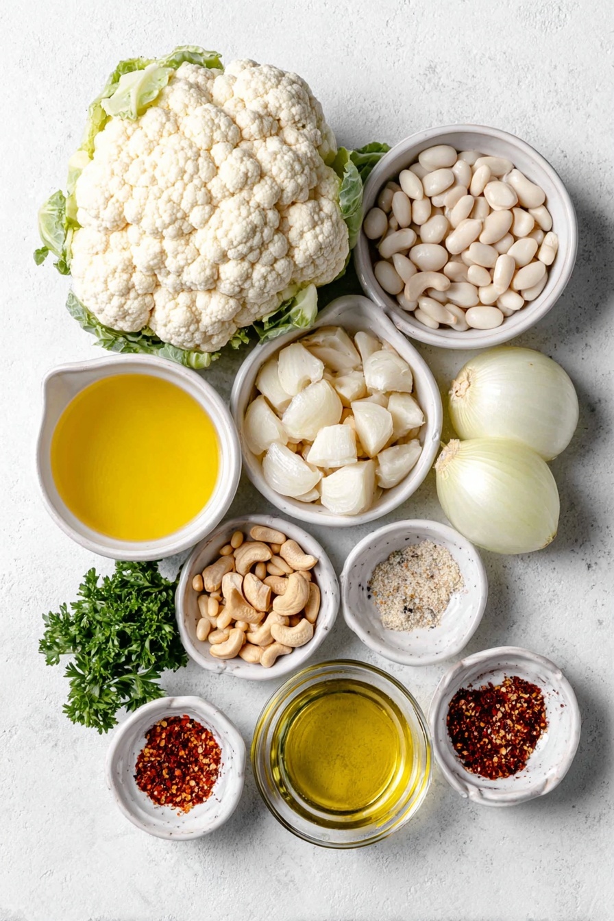 Flat lay of a medium head cauliflower cut into florets, half a medium yellow onion sliced, five whole peeled garlic cloves, a small white bowl of cashews, a small white bowl of rinsed white beans, a small white bowl of vegetable broth, a small white bowl of water, a small white bowl of avocado oil, a small white bowl of lemon juice, a few fresh parsley sprigs, a small white bowl of pine nuts, a small white bowl of red pepper flakes, a small white bowl of olive oil, and a small white bowl with ground nutmeg, all arranged with perfect symmetry on a clean white marble surface, soft natural light, photo taken with an iPhone, professional food photography style, fresh ingredients, white ceramic bowls, no bottles, no duplicates, no utensils, no packaging --ar 2:3 --v 7 --p m7354615311229779997 - Creamy Roasted Cauliflower Soup, healthy cauliflower soup, vegan cauliflower soup, easy cauliflower soup recipe, comforting vegetable soup