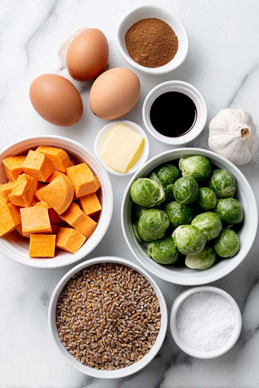 Flat lay of a diced sweet potato showing its bright orange flesh, halved brussels sprouts displaying fresh green leaves, quartered red onion with vivid purple layers, chunks of red bell pepper, a small white ceramic bowl of golden olive oil, a small white ceramic bowl with ground cinnamon powder, a small white ceramic bowl of coarse salt, a white ceramic bowl filled with uncooked farro grains, a handful of fresh green basil leaves, a small white ceramic bowl containing dark red wine vinegar, a small white ceramic bowl holding smooth pale yellow dijon mustard, a whole garlic clove with papery white skin, two whole uncracked brown eggs neatly placed side by side, all ingredients arranged symmetrically on a clean white marble surface, soft natural light, photo taken with an iPhone, professional food photography style, fresh ingredients, white ceramic bowls, no bottles, no duplicates, no utensils, no packaging --ar 2:3 --v 7 --p m7354615311229779997 - Roasted Vegetable Grain Bowl with Egg, healthy grain bowl recipes, vegetarian roasted veggie bowls, easy wholesome lunch ideas, nutritious egg bowls