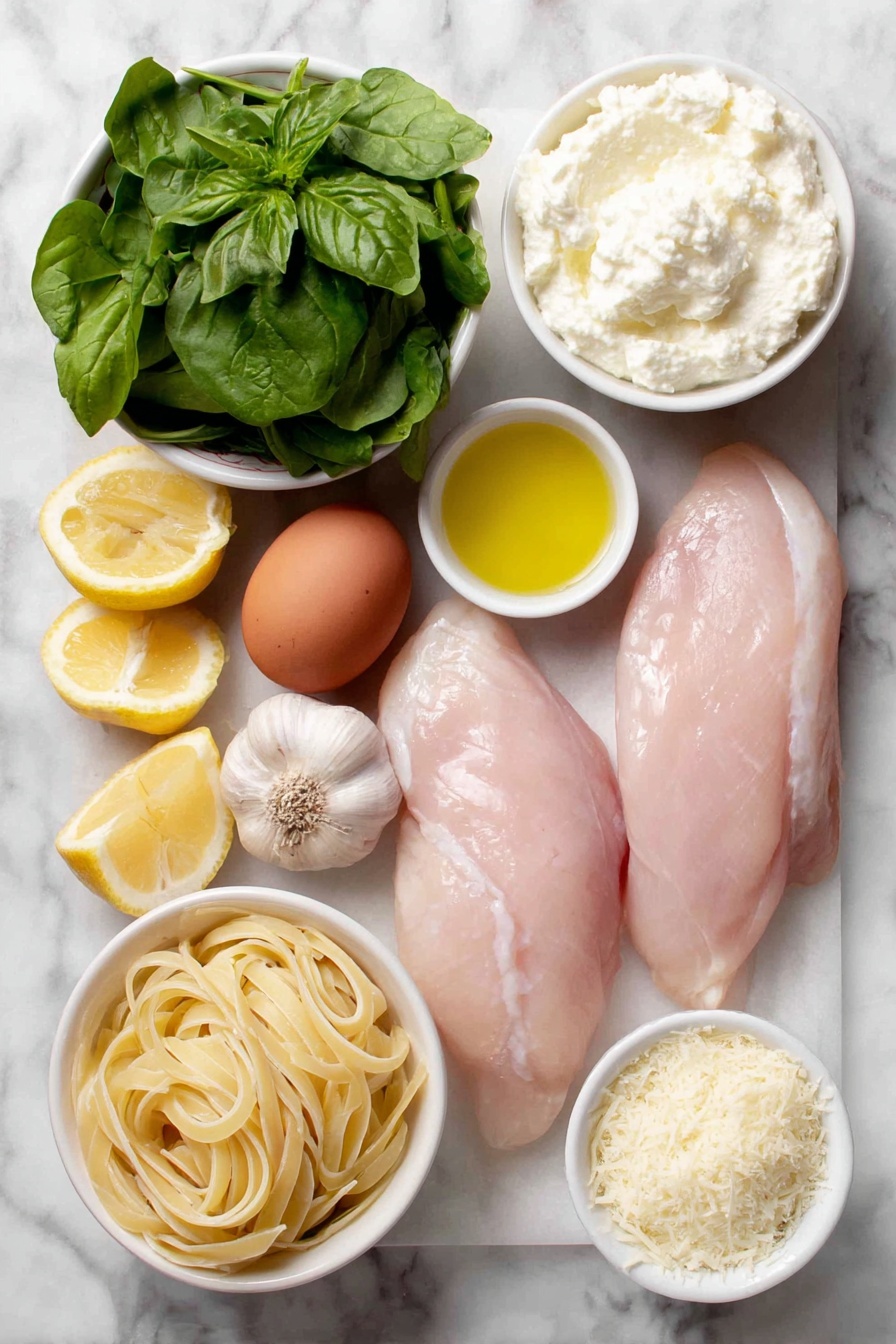 Flat lay of two skinless, boneless raw chicken breasts, a small mound of fresh spinach leaves, a small white ceramic bowl holding creamy ricotta cheese, a few strands of cooked linguine pasta twisted neatly, a small white bowl with olive oil, a small white bowl with melted butter, one whole uncracked brown egg, two whole garlic cloves and one sliced garlic clove, one whole lemon cut in half showing juicy interior and one whole lemon, a small white bowl with freshly grated Parmesan cheese, fresh sprigs of basil and mint leaves scattered naturally, all arranged with perfect symmetry on a clean white marble surface, soft natural light, photo taken with an iPhone, professional food photography style, fresh ingredients, white ceramic bowls, no bottles, no duplicates, no utensils, no packaging --ar 2:3 --v 7 --p m7354615311229779997 - Lemon Spinach Ricotta Pasta with Chicken, Lemon Spinach Ricotta Pasta, Creamy Lemon Chicken Pasta, Easy Lemon Pasta with Chicken, Healthy Chicken Pasta Recipes