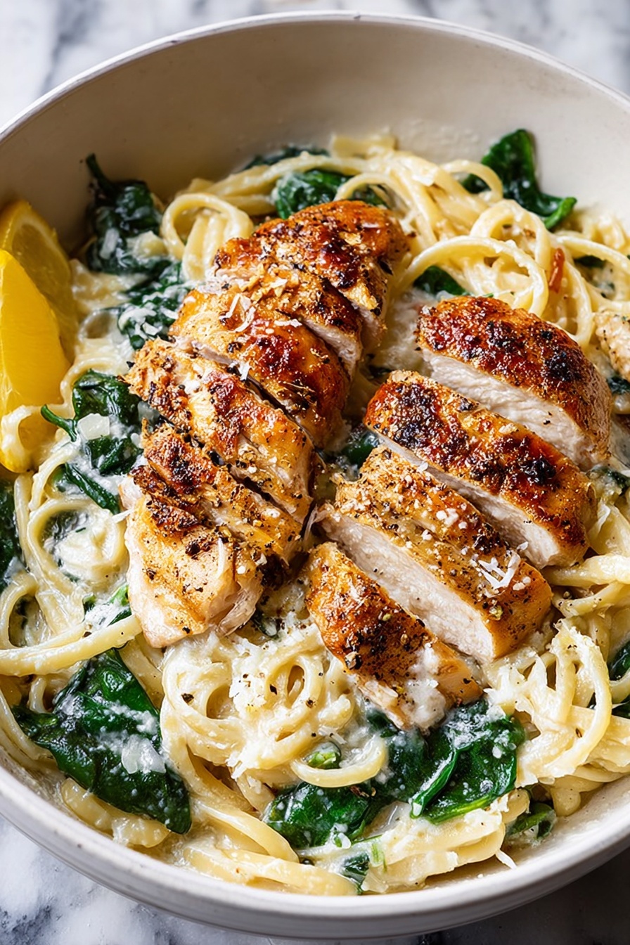 The image shows a large white pan filled with creamy pasta and two sliced golden-brown cooked chicken pieces placed on opposite sides. The pasta noodles are light yellow and mixed with dark green spinach leaves, all coated in a white creamy sauce with a crumbly texture. There are small pieces of cooked garlic and a slice of yellow lemon tucked inside the noodles near the chicken. The background is a white marbled surface. Photo taken with an iphone --ar 2:3 --v 7 - Lemon Spinach Ricotta Pasta with Chicken, Lemon Spinach Ricotta Pasta, Creamy Lemon Chicken Pasta, Easy Lemon Pasta with Chicken, Healthy Chicken Pasta Recipes