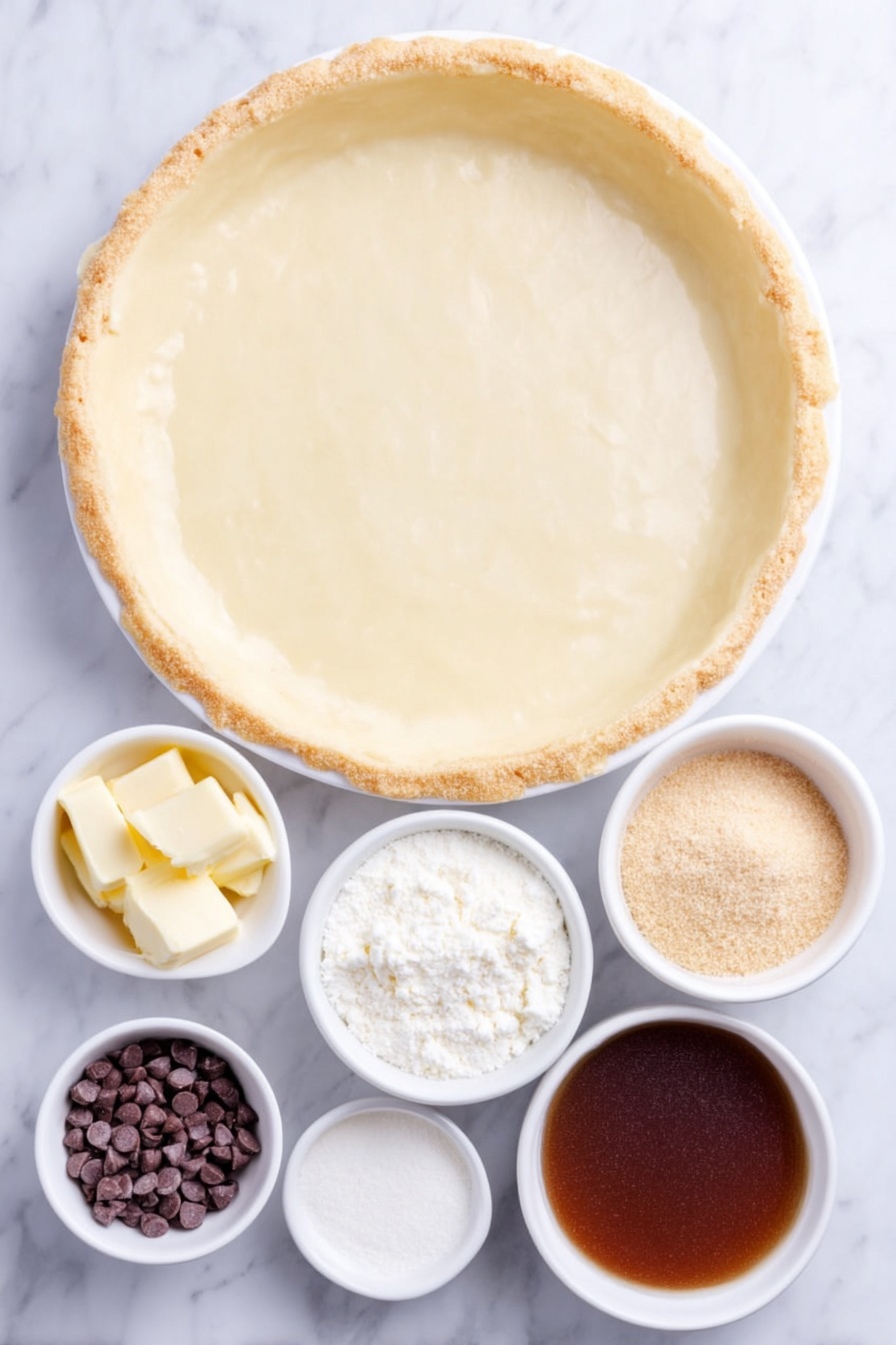Flat lay of a whole round pizza crust with a golden edge, a small white ceramic bowl filled with yellow cake mix, a small white ceramic bowl containing melted butter with a glossy surface, a small white ceramic bowl holding smooth milk chocolate chips, a small white ceramic bowl with fine white granulated sugar, and a small white ceramic bowl with light brown soft brown sugar, all arranged in perfect symmetry on a clean white marble surface, soft natural light, photo taken with an iPhone, professional food photography style, fresh ingredients, white ceramic bowls, no bottles, no duplicates, no utensils, no packaging --ar 2:3 --v 7 --p m7354615311229779997 - Chocolate Chip Dessert Pizza, chocolate chip cookie pizza, easy dessert pizza, no-bake chocolate chip pizza, fun dessert recipes