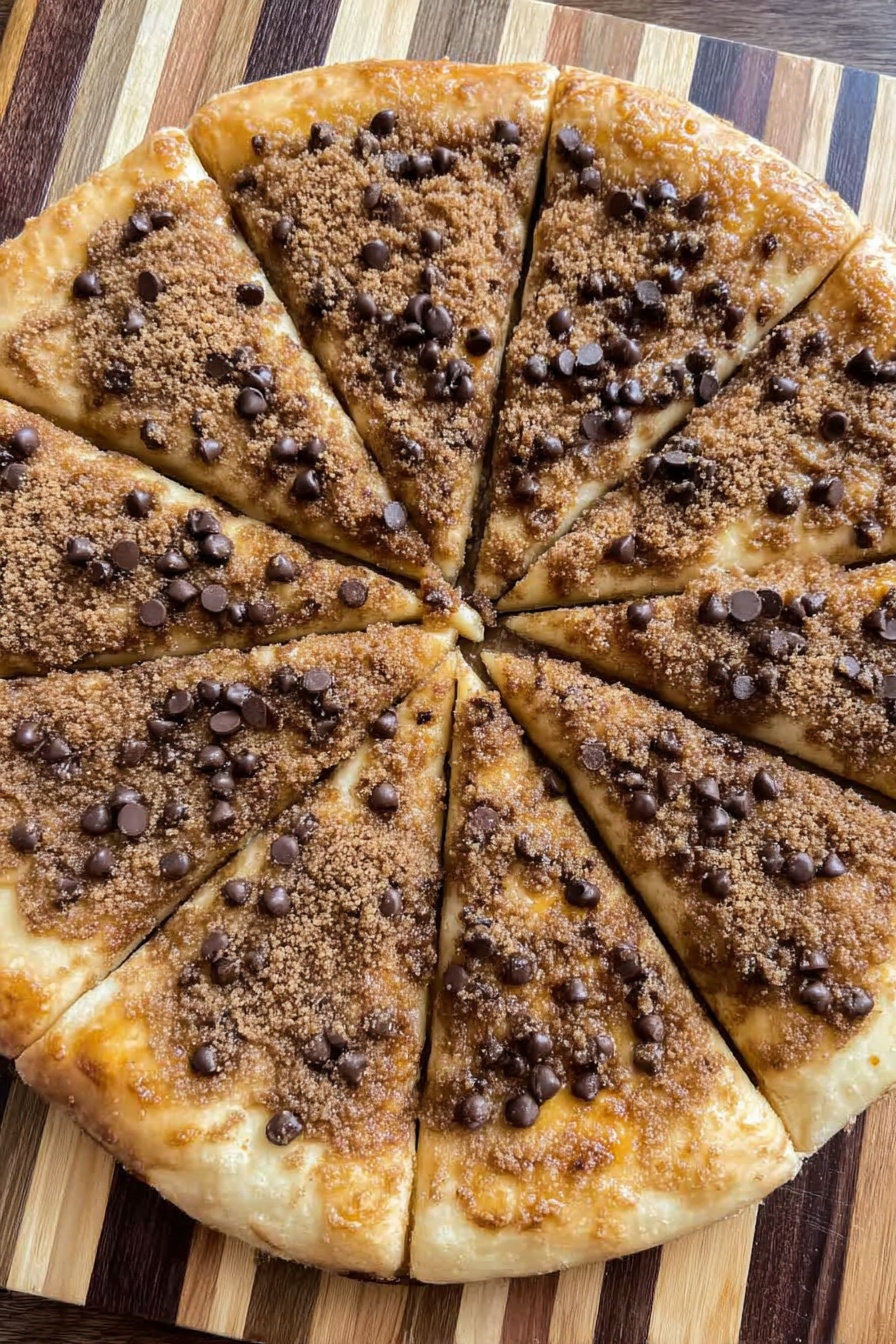 A round cookie pizza is sliced into eight pieces, with one slice slightly separated from the rest. The cookie crust is thick and light golden brown with a soft, crumbly texture. It is covered evenly with many small dark brown chocolate chips scattered on the surface. The cookie sits on a white plate, and the background shows a white marbled texture. The image focuses closely on the cookie, capturing the detailed texture of the chocolate chips and the crust. photo taken with an iphone --ar 2:3 --v 7 - Chocolate Chip Dessert Pizza, chocolate chip cookie pizza, easy dessert pizza, no-bake chocolate chip pizza, fun dessert recipes