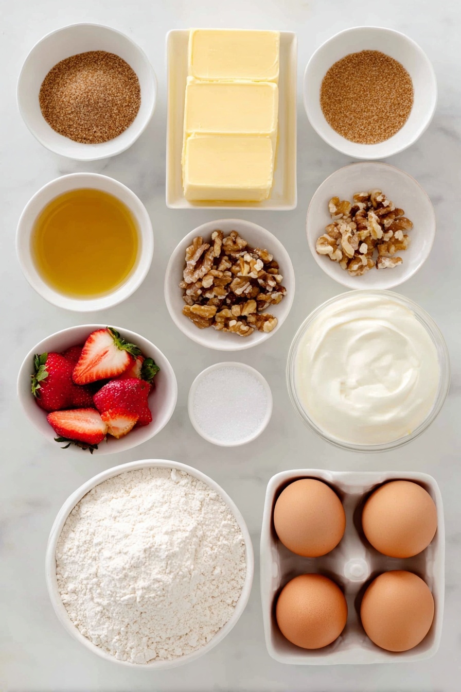 Flat lay of a small mound of all-purpose flour, a small pile of packed brown sugar, a small pile of finely chopped walnuts, a small white ceramic bowl with melted butter, a small pinch of salt crystals, a small pile of white granulated sugar, fresh sliced strawberries in a small white ceramic bowl, a small white ceramic bowl with lemon juice, two whole uncracked brown eggs, a small white ceramic bowl filled with heavy cream placed on a clean white marble surface, soft natural light, photo taken with an iPhone, professional food photography style, fresh ingredients, white ceramic bowls, no bottles, no duplicates, no utensils, no packaging --ar 2:3 --v 7 --p m7354615311229779997 - Frozen Strawberry Shortcake Squares, strawberry shortcake desserts, summer frozen treats, easy fruit desserts, refreshing berry desserts