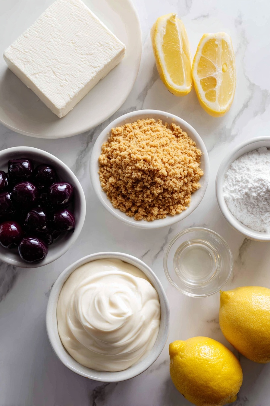 Flat lay of a small mound of golden graham cracker crumbs, two blocks of full fat cream cheese with smooth white surfaces, a small white ceramic bowl filled with thick heavy whipping cream, a modest heap of fine powdered sugar on a white plate, a few fresh bright yellow lemon wedges, and a small white ceramic bowl containing clear vanilla extract liquid, all arranged with perfect symmetry on a clean white marble surface, soft natural light, photo taken with an iPhone, professional food photography style, fresh ingredients, white ceramic bowls, no bottles, no duplicates, no utensils, no packaging --ar 2:3 --v 7 --p m7354615311229779997 - No-Bake Cheesecake Cups, easy cheesecake dessert, no oven cheesecake, creamy no-bake dessert, customizable cheesecake cups