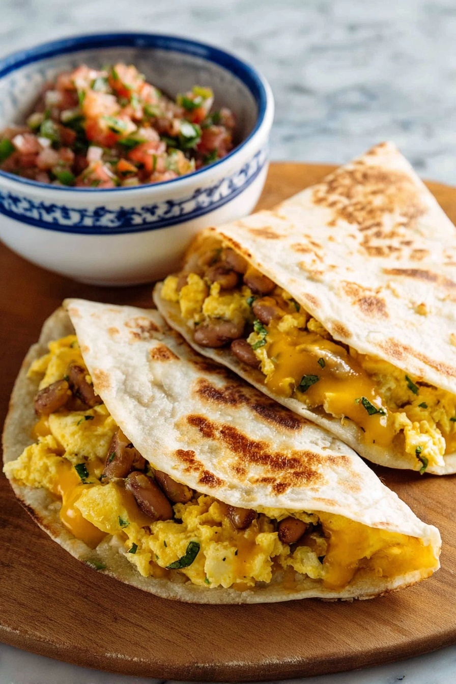 The image shows three folded tortillas that are toasted with brown spots and a light beige color, arranged overlapping on a wooden board. Inside each tortilla, there is a visible layer of scrambled yellow eggs mixed with light brown beans and small bits of green herbs, creating a textured and colorful inside. To the right of the tortillas, there is a small white bowl filled with chunky red salsa, which has visible pieces of green herbs and tomatoes adding texture and color contrast. The background surface is a white marbled texture and part of a white and green striped cloth is visible on the right edge. Photo taken with an iphone --ar 2:3 --v 7 - Cheddar Egg Breakfast Quesadilla, breakfast quesadilla recipes, quick breakfast ideas, cheesy egg breakfast, easy brunch recipes