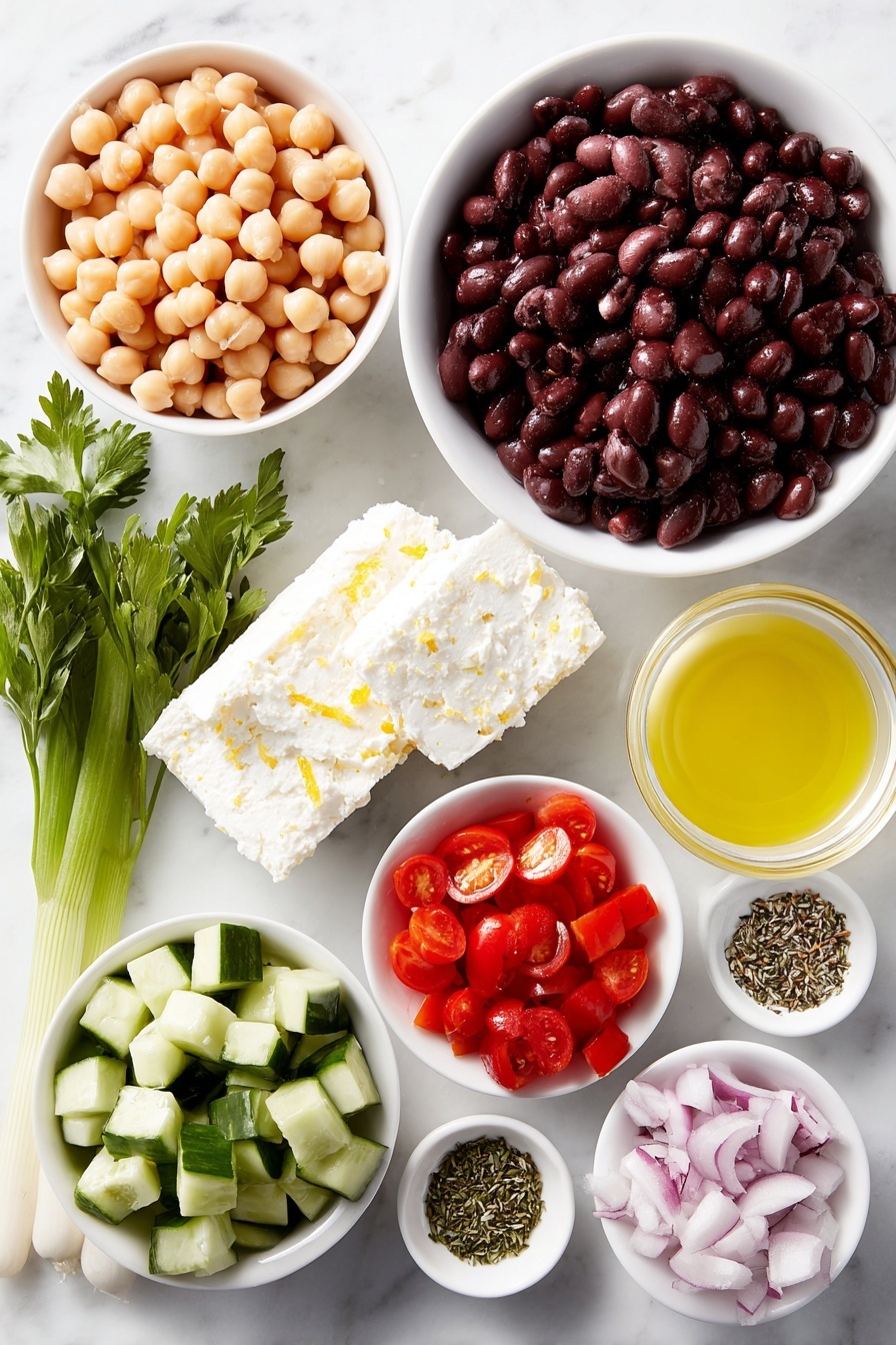 Flat lay of three small piles of fresh cooked beans: beige chickpeas, glossy black beans, and creamy white cannellini beans, vibrant halved red cherry tomatoes, diced bright green cucumber, diced red bell pepper pieces, two fresh scallions with white bulbs and green stalks, a small bunch of flat leaf parsley with rich green leaves, a block of crumbly white feta cheese, a small white ceramic bowl filled with golden extra virgin olive oil, a small white ceramic bowl holding pale yellow lemon juice with a thin lemon zest curl, a small white ceramic bowl of amber apple cider vinegar, a white ceramic bowl of dried oregano flakes, a white ceramic bowl of fine salt crystals, a small white ceramic bowl containing golden honey, a small white ceramic bowl with smooth Dijon mustard, all arranged symmetrically on a clean white marble surface, soft natural light, photo taken with an iPhone, professional food photography style, fresh ingredients, white ceramic bowls, no bottles, no duplicates, no utensils, no packaging --ar 2:3 --v 7 --p m7354615311229779997 - Mediterranean Bean Salad without Feta, Mediterranean Bean Salad, Healthy Bean Salad, Quick Vegetarian Salad, Protein-Packed Bean Salad