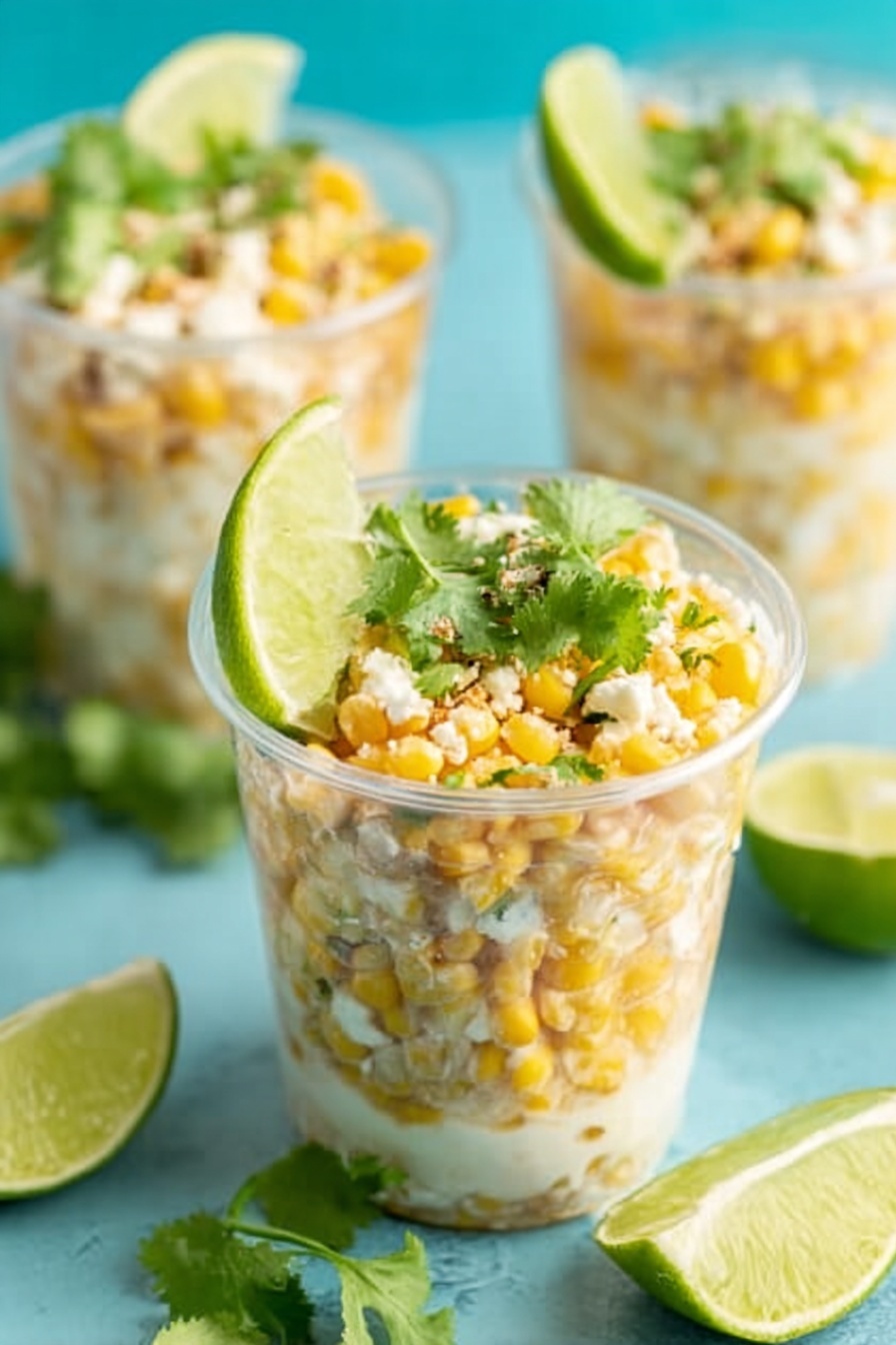 Three clear plastic cups filled with a layered corn salad sit on a white marbled surface. Each cup has a base of bright yellow corn kernels mixed with creamy white cheese crumbles. On top, there are small green cilantro leaves scattered, adding a fresh touch. A thin, round slice of light green lime rests on the rim of each cup. Around the cups, there are more lime wedges and fresh cilantro sprigs adding green and yellow accents. The background is soft turquoise blue, making the colors of the dish stand out. photo taken with an iphone --ar 2:3 --v 7 - Mexican Street Corn Cups, Mexican Street Corn Cupss recipe, Mexican elote cups, easy Mexican street corn, summer snack recipes