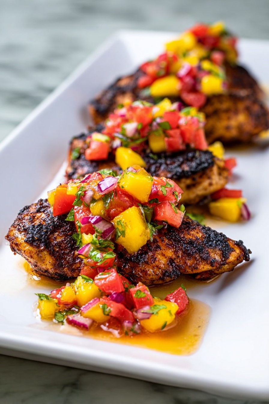 The image shows pieces of grilled chicken with golden brown, slightly crispy skin arranged on a white rectangular plate. On top of the chicken, there is a colorful salsa made of bright yellow corn kernels, red diced tomatoes, and small green herb leaves, creating a fresh and vibrant contrast. The plate is placed on a white marbled surface. Photo taken with an iphone --ar 2:3 --v 7 - Grilled Chicken with Mango Watermelon Salsa, grilled chicken with fruit salsa, summer chicken recipes, healthy grilled chicken, easy fruit salsa recipe