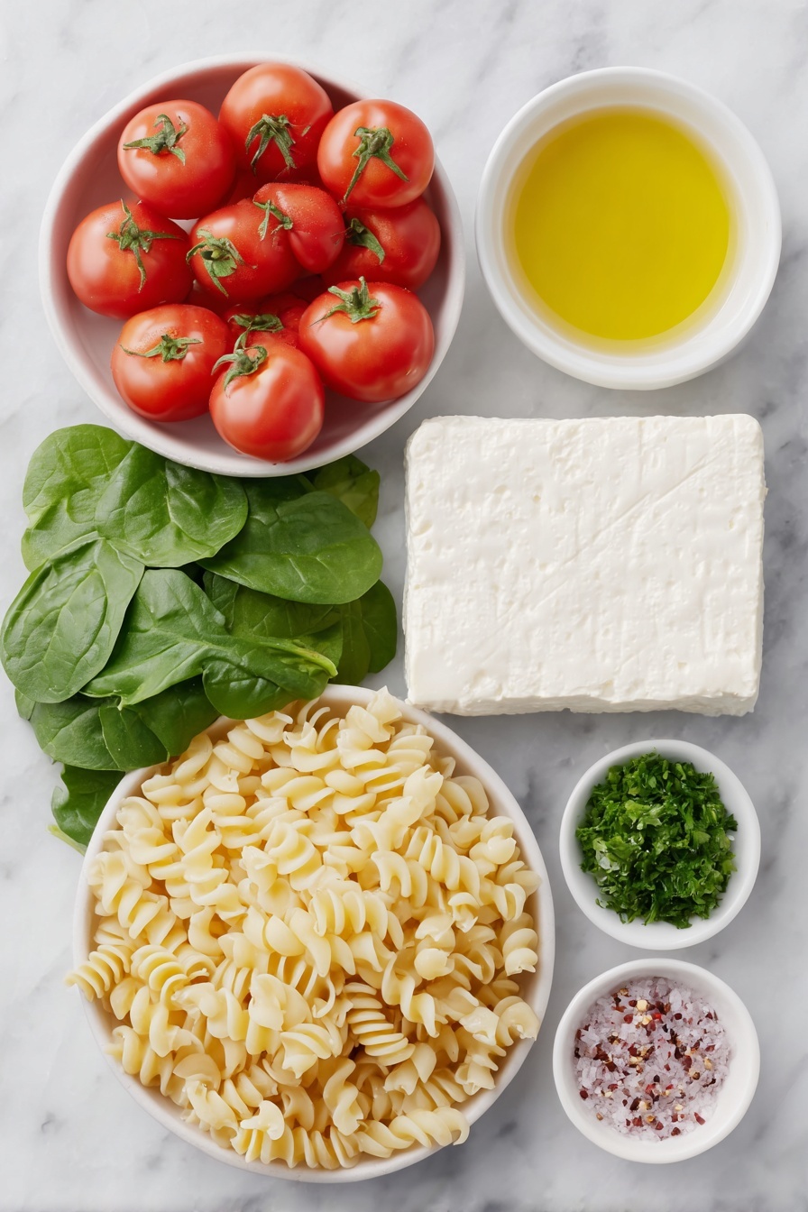 Flat lay of fresh red grape tomatoes clustered together, several peeled garlic cloves halved, a small white ceramic bowl filled with golden extra-virgin olive oil, a block of creamy white sheep’s milk feta cheese, uncooked pale yellow cavatappi pasta spirals, a bunch of roughly chopped deep green spinach leaves, delicate thinly sliced bright green fresh basil, a few sprigs of minced parsley, a small white ceramic bowl containing crushed red pepper flakes, and a small white ceramic bowl holding clear reserved pasta water, all arranged with perfect symmetry in realistic proportions, placed on a clean white marble surface, soft natural light, photo taken with an iPhone, professional food photography style, fresh ingredients, white ceramic bowls, no bottles, no duplicates, no utensils, no packaging --ar 2:3 --v 7 --p m7354615311229779997 - Baked Feta Pasta with Roasted Tomatoes, baked feta pasta, roasted tomato pasta, creamy baked feta, easy pasta recipes