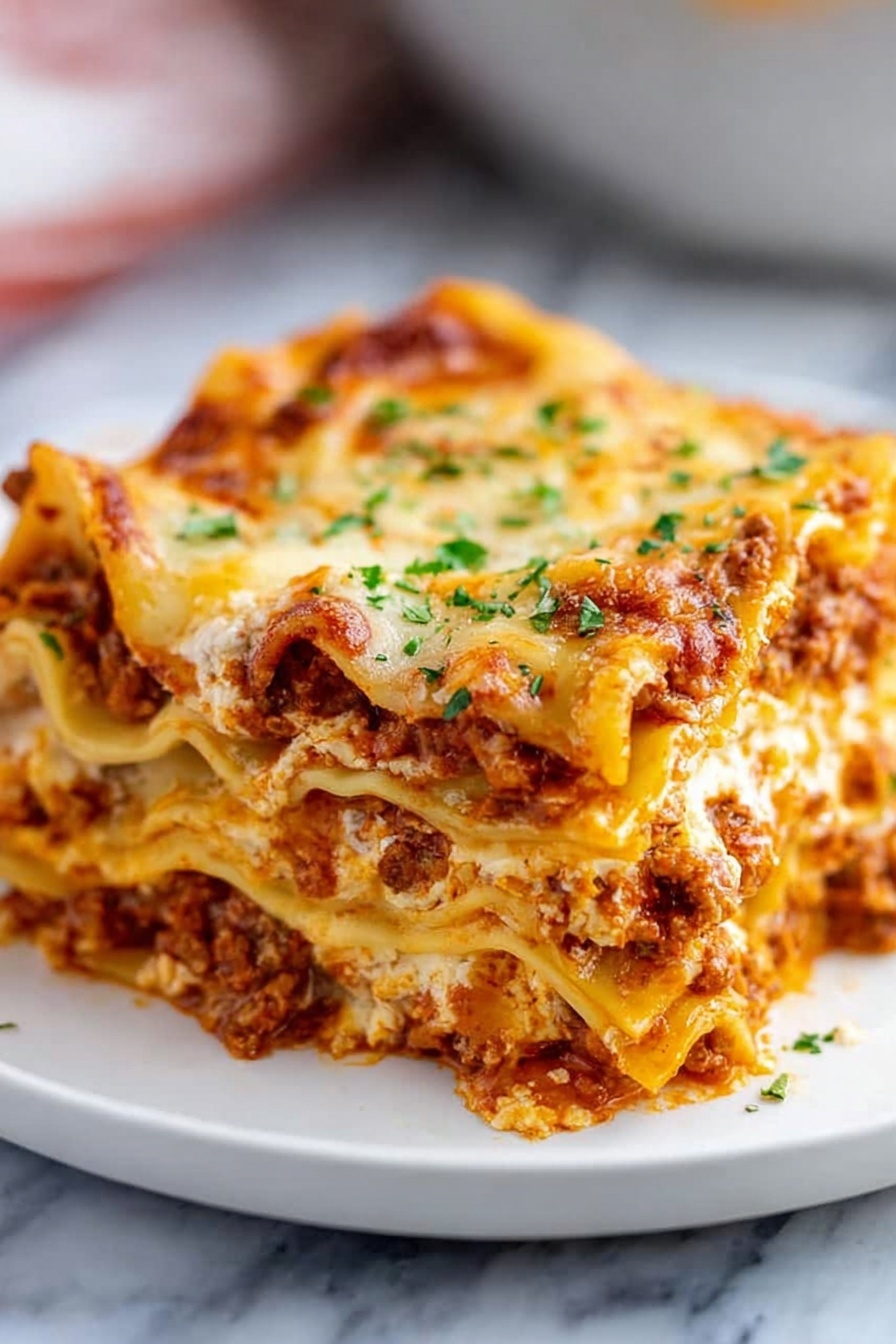 A white rectangular baking dish filled with a layered lasagna showing about four layers of pasta sheets and rich sauce mixed with browned ground meat. The top layer has melted, slightly browned cheese with scattered green herb pieces. The lasagna is cut into six hearty square servings, and around the dish there is a striped cloth and a small bowl of green herbs. The whole scene is on a white marbled surface. Photo taken with an iphone --ar 2:3 --v 7 - Homemade Lasagna, Homemade Lasagna with Meat and Cheese, classic lasagna recipe, easy meat lasagna, cheesy lasagna dish