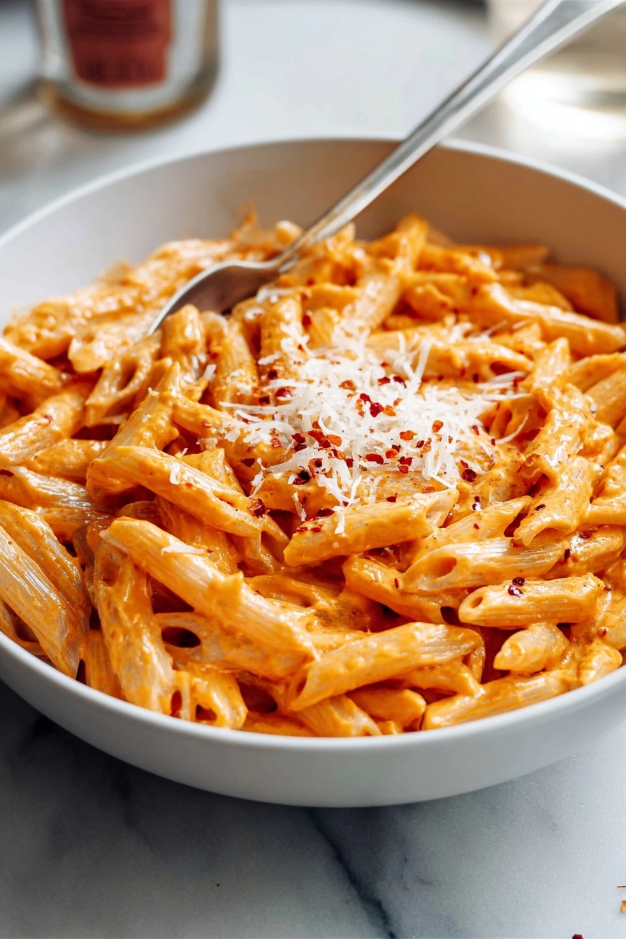 A white bowl filled with about two layers of penne pasta coated in an orange creamy sauce, with the pasta arranged neatly inside the bowl. The top layer is sprinkled with small bits of grated white cheese, tiny pieces of red flakes, and a few small green herb leaves. A silver spoon is placed resting inside the bowl on the right side. The bowl sits on a beige cloth with a white marbled surface below. In the blurred background, another bowl with the same pasta is visible, along with a partial view of a white bottle with blue and red writing. Photo taken with an iphone --ar 2:3 --v 7 - Creamy Vodka Penne Pasta, creamy pasta with vodka, quick vodka pasta recipe, easy penne pasta, indulgent dinner ideas