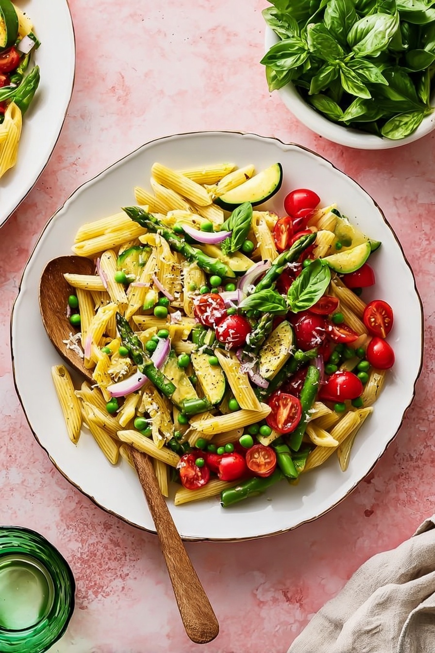This image shows a white bowl filled with a colorful pasta salad. The salad has three main layers: pale yellow penne pasta pieces that are smooth and slightly shiny, bright green peas and asparagus, and red cherry tomato halves. Scattered on top are dark green fresh basil leaves and thin slices of pale purple onion. Light yellow zucchini slices with a soft texture mix with the pasta, adding variation. There is a wooden spoon resting inside the bowl, touching some of the salad. The background is a white marbled surface. photo taken with an iphone --ar 2:3 --v 7 - Fresh Pasta Primavera Vegetables, spring vegetable pasta dish, healthy pasta recipes, easy vegetarian pasta, colorful veggie pasta