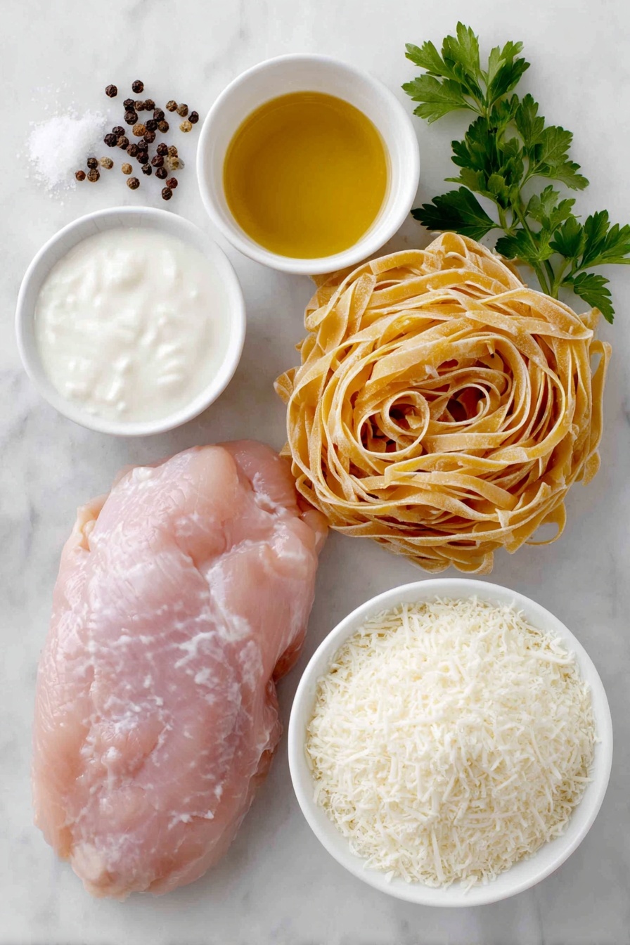Flat lay of a raw chicken breast halved horizontally with natural pink tones, a small mound of coarse salt and cracked black peppercorns scattered gently beside it, a small white ceramic bowl filled with golden olive oil, a neat nest of uncooked fettuccine pasta with pale yellow strands, a small white bowl of creamy white milk, a small white bowl of rich chicken broth with a light amber hue, a single large garlic clove with papery white skin and slight shine, a small white bowl of thick heavy cream with a smooth surface, a small white bowl heaped with finely grated parmesan cheese with off-white color, and a few fresh bright green parsley sprigs arranged symmetrically, placed on a clean white marble surface, soft natural light, photo taken with an iPhone, professional food photography style, fresh ingredients, white ceramic bowls, no bottles, no duplicates, no utensils, no packaging --ar 2:3 --v 7 --p m7354615311229779997 - One-Pot Chicken Alfredo, Chicken Alfredo Pasta, Easy Creamy Alfredo, One-Pan Pasta Recipe, Simple Chicken Alfredo