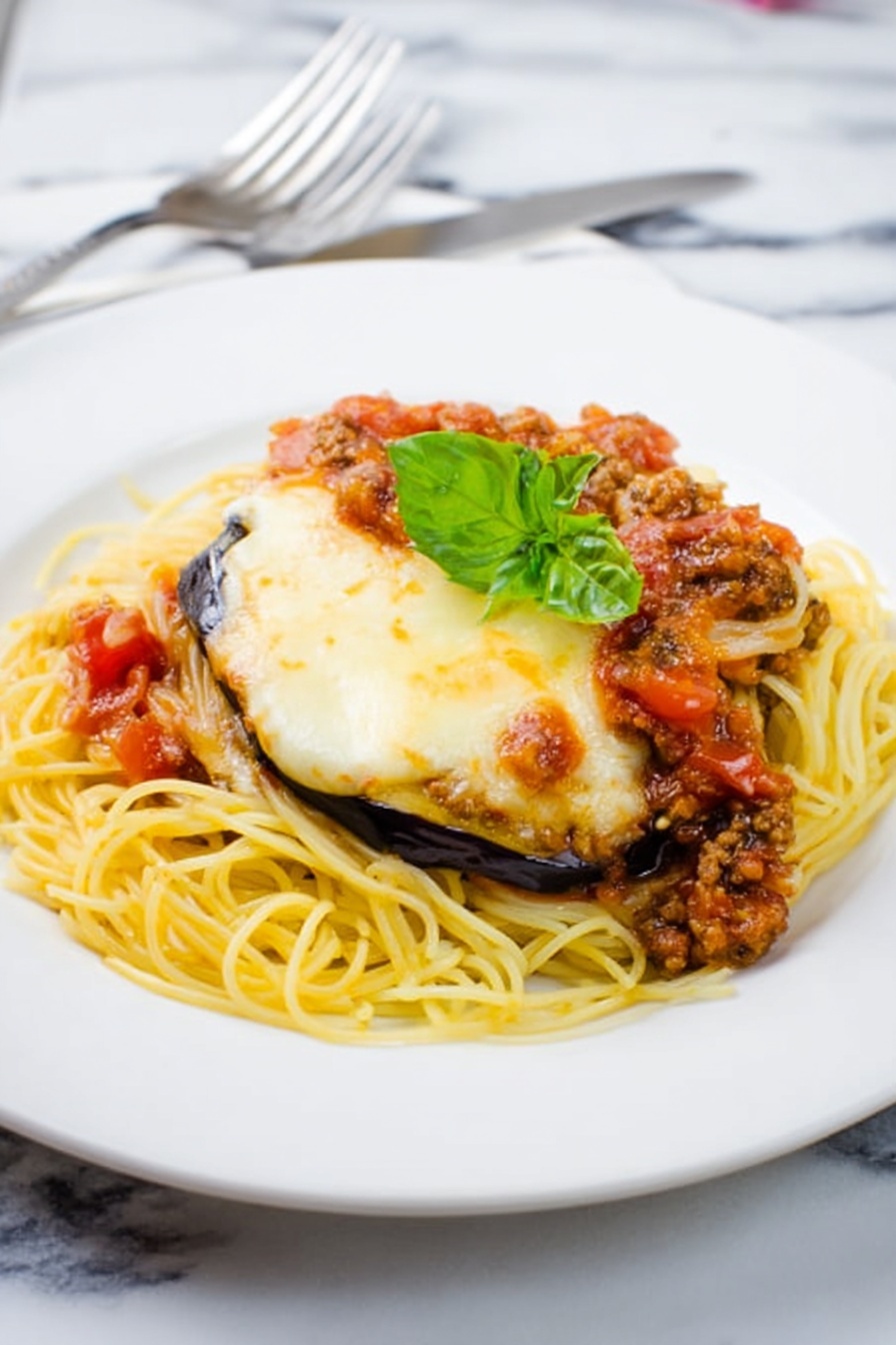 A white plate holds a dish with a bottom layer of thin yellow spaghetti noodles spread evenly. On top of the noodles are two thick slices of eggplant covered with a melted, light golden layer of cheese that looks soft and slightly browned in spots. A chunky meat and tomato sauce with visible small pieces of tomato and meat is spooned over the eggplant slices. A fresh green basil leaf is placed on top as garnish. The plate sits on a white marbled surface with a fork and knife just visible at the bottom left corner. Photo taken with an iphone --ar 2:3 --v 7 - Eggplant Parmesan Spaghetti with Meat Sauce, vegetarian pasta with crispy eggplant and savory meat sauce, easy Italian eggplant pasta, hearty eggplant pasta dish, homemade Italian spaghetti