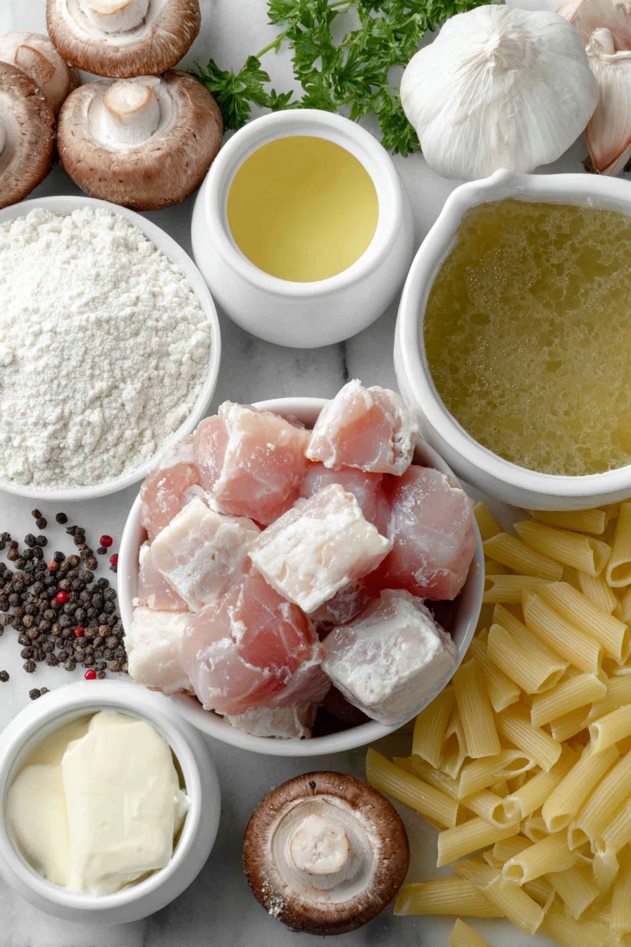 Flat lay of cubed raw chicken breast pieces, a small pile of white all-purpose flour, cracked black peppercorns scattered nearby, a smooth shallot sliced thinly, several whole brown mushrooms sliced, three peeled garlic cloves, a small white ceramic bowl with amber Marsala wine, a small white ceramic bowl filled with light golden chicken broth, a small white ceramic bowl holding creamy skim milk, two tablespoons of soft white cream cheese, uncooked pale yellow penne pasta arranged neatly, and a few sprigs of fresh green parsley placed delicately, all arranged with perfect symmetry on a clean white marble surface, soft natural light, photo taken with an iPhone, professional food photography style, fresh ingredients, white ceramic bowls, no bottles, no duplicates, no utensils, no packaging --ar 2:3 --v 7 --p m7354615311229779997 - Creamy Chicken Marsala Pasta, Chicken Marsala pasta, creamy chicken pasta, Italian chicken pasta recipe, quick chicken pasta dish