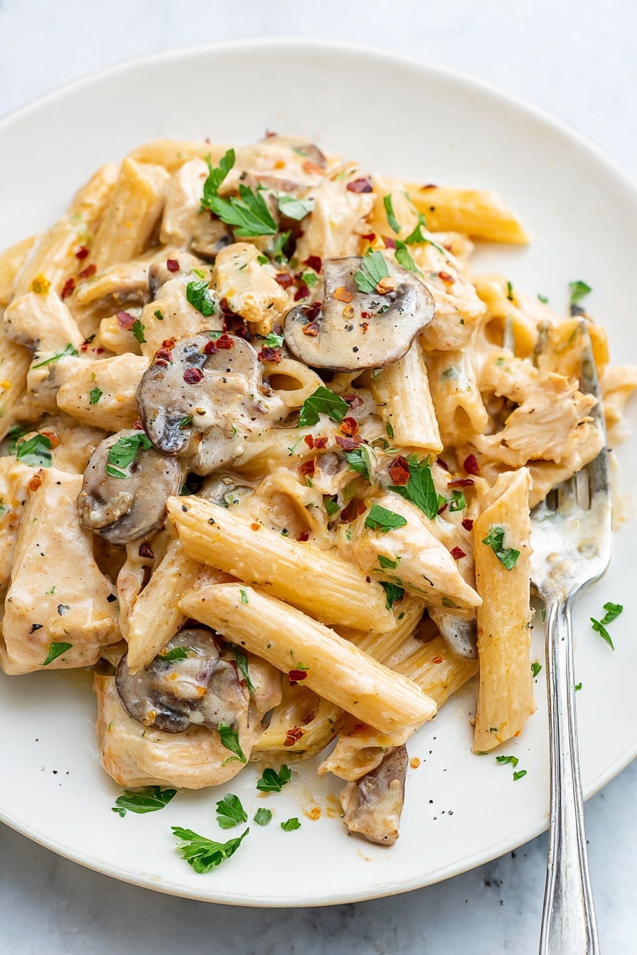 The image shows two white plates filled with creamy pasta. Each plate holds a mix of penne pasta coated in a light brown creamy sauce, with pieces of sliced mushrooms and small chunks of chicken mixed in. The dish is topped with fresh green parsley leaves and a sprinkle of black pepper, adding color contrast. One plate has a silver fork partially inserted into the pasta on the right side, and the background features a white marbled surface. Part of a black pan with more pasta is visible at the top left corner. Photo taken with an iphone --ar 2:3 --v 7 - Creamy Chicken Marsala Pasta, Chicken Marsala pasta, creamy chicken pasta, Italian chicken pasta recipe, quick chicken pasta dish