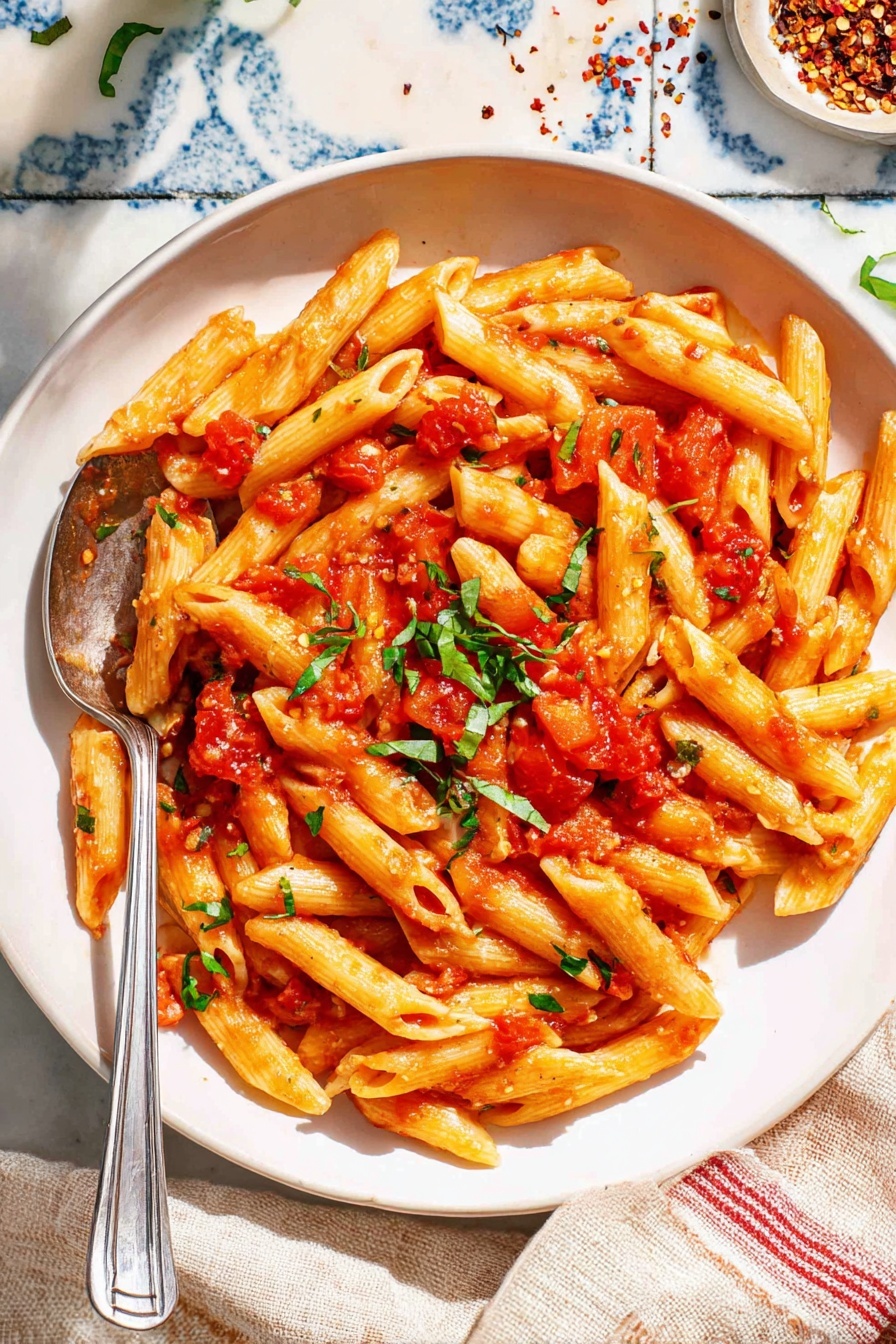 The image shows a white round plate filled with penne pasta coated in a red tomato sauce with small chunks of tomato and bits of green herbs sprinkled throughout. The pasta pieces are light yellow with a slightly shiny texture. There is a silver spoon placed on the left side of the plate, resting partially under the pasta. The plate is set on a white marbled surface with blue patterned tiles visible around it. Some crushed red pepper flakes are scattered near the top of the plate, and a beige cloth with red stripes is folded to the right side. photo taken with an iphone --ar 2:3 --v 7 - Spicy Penne Arrabbiata, how to make Penne Arrabbiata, easy spicy pasta, authentic Italian pasta, quick Penne Arrabbiata