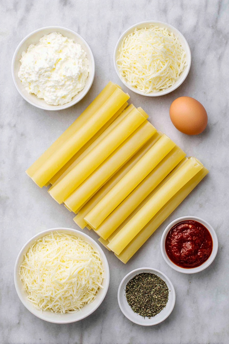 Flat lay of uncooked manicotti pasta tubes arranged neatly, a small white ceramic bowl with creamy ricotta cheese, a small white bowl filled with shredded mozzarella cheese, a small white bowl containing shredded parmesan cheese, a whole uncracked brown egg, a small white bowl with bright red spaghetti sauce, and a small white bowl with dried basil and parsley flakes sprinkled side by side, all ingredients fresh and natural, placed on a clean white marble surface, soft natural light, photo taken with an iPhone, professional food photography style, fresh ingredients, white ceramic bowls, no bottles, no duplicates, no utensils, no packaging --ar 2:3 --v 7 --p m7354615311229779997 - Cheese Manicotti, cheese manicotti recipe, Italian cheese manicotti, baked cheese manicotti, cheesy manicotti pasta