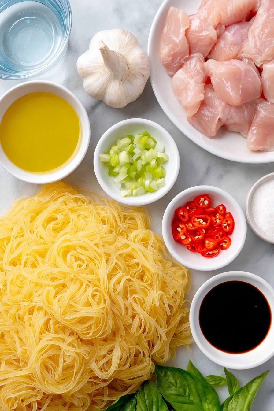 Flat lay of wide dried rice noodles neatly arranged in a simple pile, a small white bowl of golden cooking oil, three large whole garlic cloves with papery skins intact, two bright red deseeded bird's eye chillies finely chopped on a white ceramic plate, half a fresh onion sliced into thin crescents on a white plate, bite-sized pieces of raw chicken thighs with pink flesh and white fat marbling, a small white bowl containing a glossy brown oyster sauce, a small white bowl with dark soy sauce, another small white bowl with light soy sauce, a tiny white bowl of fine white sugar, two fresh green onions cut into short segments, a generous handful of bright green Thai basil leaves with delicate stems, a small white bowl with clear water all symmetrically placed on a clean white marble surface, soft natural light, photo taken with an iPhone, professional food photography style, fresh ingredients, white ceramic bowls, no bottles, no duplicates, no utensils, no packaging --ar 2:3 --v 7 --p m7354615311229779997 - Easy Spicy Drunken Noodles with Chicken, Thai drunken noodles, spicy chicken stir-fry, quick Thai noodle recipe, flavorful chicken noodle dish