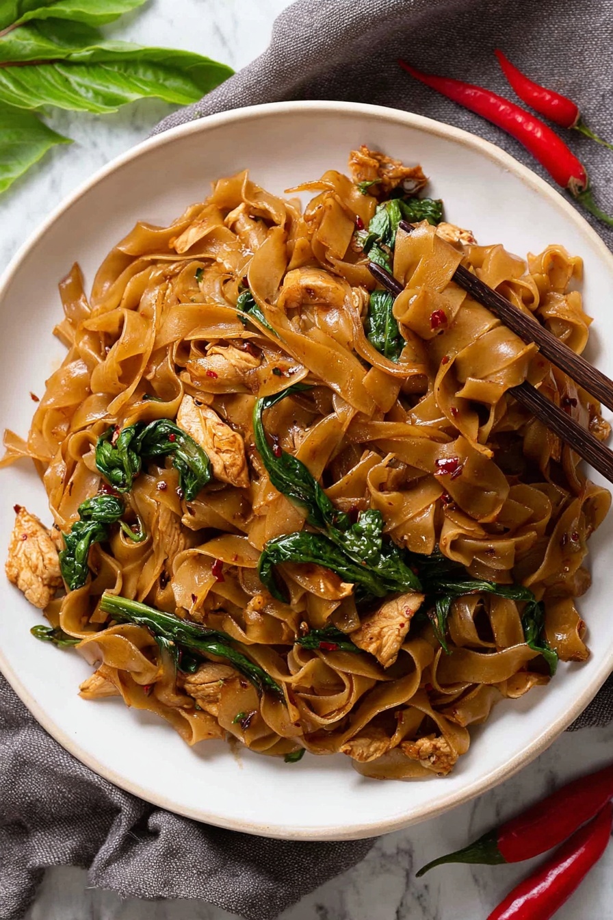 The dish shows a white round plate filled with wide, flat brown noodles mixed with pieces of cooked light brown chicken and green leafy vegetables scattered throughout. The noodles have a shiny, slightly oily texture, with small red chili flakes visible on some parts, giving a spicy look. The green vegetables add a fresh pop of color contrasting the darker noodles. Brown chopsticks are placed on the right edge of the plate, slightly lifting some noodles. The plate sits on a white marbled surface with a gray cloth and red chili peppers and green leaves partially visible in the background. Photo taken with an iphone --ar 2:3 --v 7 - Easy Spicy Drunken Noodles with Chicken, Thai drunken noodles, spicy chicken stir-fry, quick Thai noodle recipe, flavorful chicken noodle dish