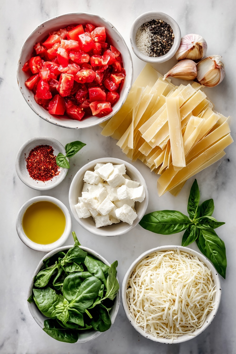 Flat lay of a small white ceramic bowl filled with bright red drained diced tomatoes, a few vibrant green fresh basil sprigs, a small white bowl of golden olive oil, two whole brown garlic cloves, a small white bowl of coarse salt, a small white bowl of red pepper flakes, a medium mound of fresh white low-fat cottage cheese curds, one small fresh red onion roughly chopped, quartered pale green artichoke hearts, a generous pile of fresh deep green baby spinach leaves, a small white bowl of freshly ground black pepper, nine uncooked pale beige no-boil lasagna noodles neatly stacked, and a small white ceramic bowl heaped with shredded creamy white fontina cheese all arranged with perfect symmetry on a clean white marble surface, soft natural light, photo taken with an iPhone, professional food photography style, fresh ingredients, white ceramic bowls, no bottles, no duplicates, no utensils, no packaging --ar 2:3 --v 7 --p m7354615311229779997 - Spinach Artichoke Lasagna, spinach artichoke dip lasagna, creamy veggie lasagna, easy spinach artichoke dinner, cheesy spinach artichoke casserole