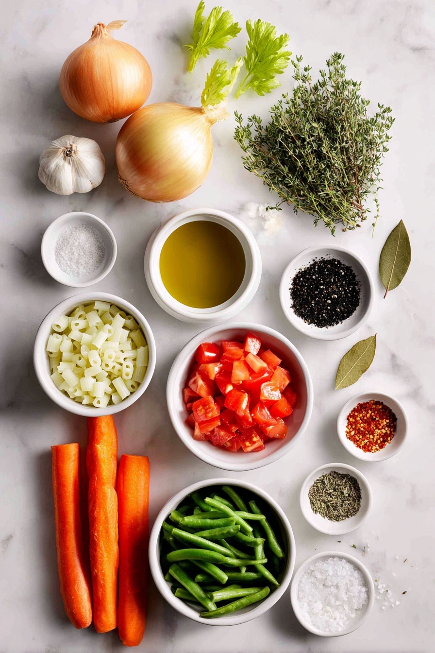 Flat lay of a small white ceramic bowl of extra-virgin olive oil, one medium yellow onion whole with skin, two medium fresh carrots whole with green tops removed, two celery ribs whole and fresh, one teaspoon sea salt in a small white bowl, freshly ground black pepper in a small white bowl, three whole garlic cloves unpeeled, one small white ceramic bowl filled with diced fresh tomatoes, one small white ceramic bowl with cooked white beans, one small white bowl of chopped fresh green beans, two dried bay leaves placed flat, one small white bowl with dried oregano, one small white bowl with dried thyme, three quarters cup of small pasta (ditalini) loose, one small white ceramic bowl filled with chopped fresh parsley, one small white bowl with red pepper flakes, and a small white bowl with grated Parmesan cheese, all arranged symmetrically on a clean white marble surface, soft natural light, photo taken with an iPhone, professional food photography style, fresh ingredients, white ceramic bowls, no bottles, no duplicates, no utensils, no packaging --ar 2:3 --v 7 --p m7354615311229779997 - Hearty Vegetable Minestrone Soup, vegetable minestrone soup recipe, healthy minestrone soup, easy vegetable soup, comforting vegetable soup