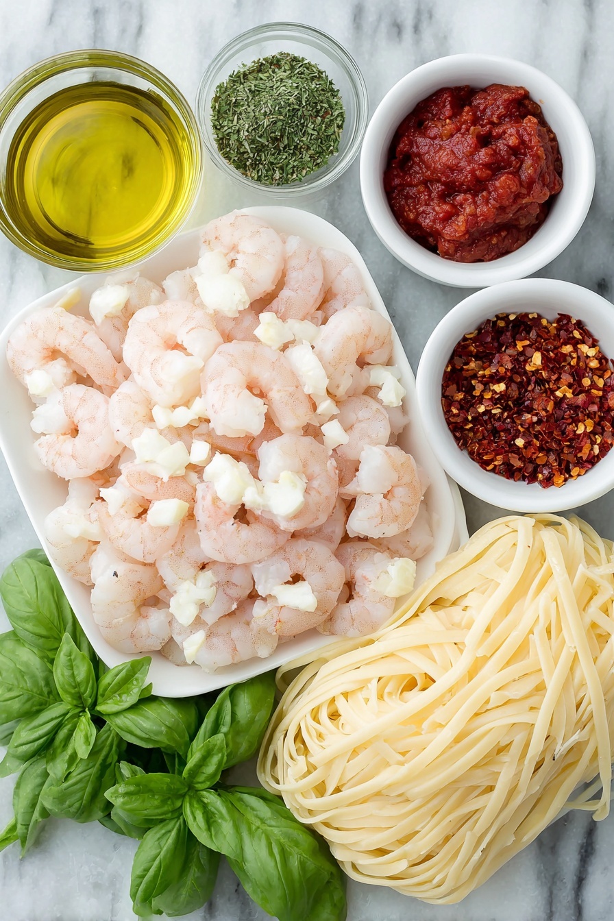 Flat lay of peeled and deveined raw shrimp arranged neatly, a small mound of finely chopped white onion, a few small pieces of chopped spicy red pepper, several cloves of whole fresh garlic, crushed ripe red tomatoes in a small white bowl, a small white bowl of vibrant red chili flakes, a small white bowl with clear dry white wine, a pinch of dried oregano sprinkled beside, fresh green chopped parsley, a few fresh bright green basil leaves, a bundle of cooked linguine noodles elegantly coiled on a simple white ceramic plate, all placed on a clean white marble surface, soft natural light, photo taken with an iPhone, professional food photography style, fresh ingredients, white ceramic bowls, no bottles, no duplicates, no utensils, no packaging --ar 2:3 --v 7 --p m7354615311229779997 - Spicy Shrimp Fra Diavolo Pasta, spicy shrimp pasta, Italian-American pasta recipes, quick seafood pasta, flavorful shrimp pasta