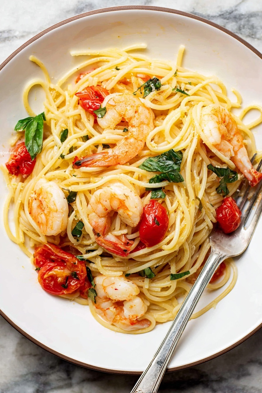 The image shows a black pan filled with cooked spaghetti pasta mixed with orange-pink shrimp and small bits of red tomato scattered throughout. Bright green basil leaves lay on top in three spots, adding fresh color. The spaghetti noodles are creamy yellow and twisted around a silver fork resting inside the pan on the right side. The pan sits on a white marbled surface with a wooden texture background faintly visible. The scene looks warm and inviting, with a mix of textures from smooth pasta to plump shrimp and torn basil leaves. Photo taken with an iphone --ar 2:3 --v 7 - Shrimp Tomato Basil Pasta, easy shrimp pasta recipe, healthy seafood pasta, quick Italian pasta dish, flavorful shrimp dinner