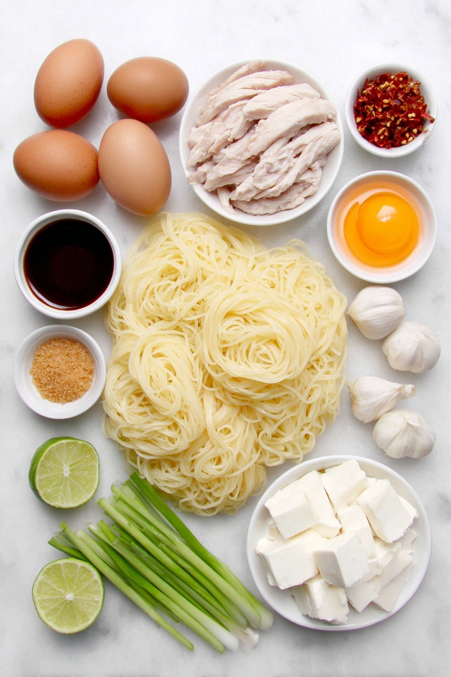 Flat lay of a small bundle of soft, translucent rice noodles (rice sticks), a few glistening medium-sized raw shrimp with shells removed, several pale yellow slices of fried firm tofu, a large whole egg with a clean shell, a small handful of fresh, white bean sprouts with green tips, a few stalks of dark green Chinese chives cut into 2-inch lengths, a small mound of light brown crushed peanuts, two bright green lime wedges, one small clove of fresh garlic, a few fresh basil leaves, and three small white ceramic bowls containing clear light golden oil, a white granulated sugar, and a light amber liquid (fish sauce), placed on a clean white marble surface, soft natural light, photo taken with an iPhone, professional food photography style, fresh ingredients, white ceramic bowls, no bottles, no duplicates, no utensils, no packaging --ar 2:3 --v 7 --p m7354615311229779997 - Easy Shrimp Pad Thai,Shrimp Pad Thai,Quick Thai Pad Thai,Authentic Shrimp Pad Thai,Simple Shrimp Pad Thai