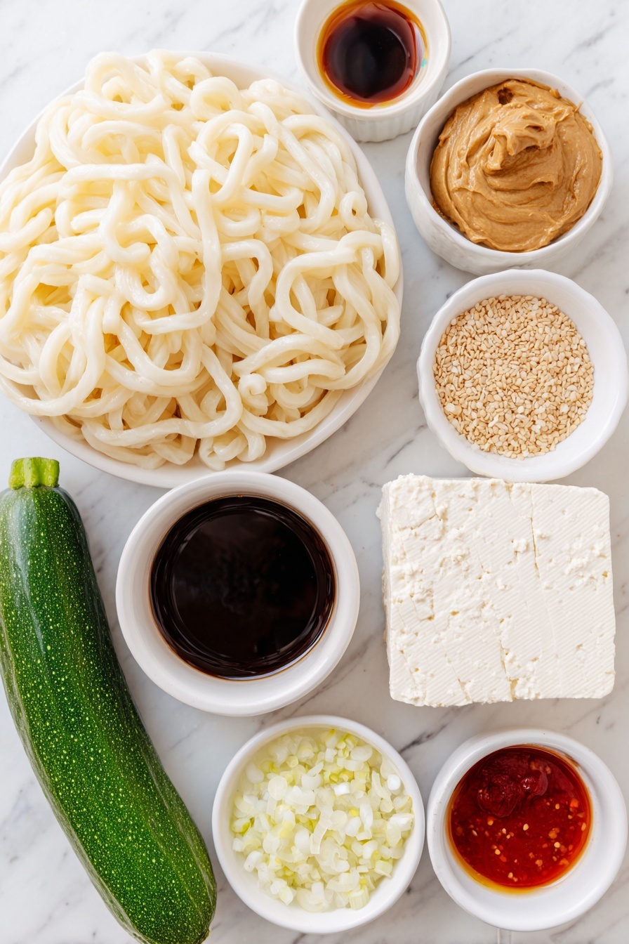 Flat lay of thick cut udon noodles arranged loosely, a whole fresh cucumber with glossy dark green skin, a block of extra firm tofu with a smooth creamy white surface, a small bunch of vibrant green scallions, a small mound of shiny light brown sesame seeds, a small white ceramic bowl of creamy peanut butter, a small white ceramic bowl filled with dark soy sauce, a small white ceramic bowl containing golden toasted sesame oil, a small white ceramic bowl with bright red sriracha, a small white ceramic bowl holding clear rice vinegar, a small white ceramic bowl with finely minced or powdered garlic, a small white ceramic bowl with finely minced or powdered ginger, a small white ceramic bowl of steaming hot water, all placed on a clean white marble surface, soft natural light, photo taken with an iPhone, professional food photography style, fresh ingredients, white ceramic bowls, no bottles, no duplicates, no utensils, no packaging --ar 2:3 --v 7 --p m7354615311229779997 - Peanut Udon Noodles, easy Asian noodle dish, quick vegetarian dinner, creamy peanut noodle recipe, flavorful udon stir-fry