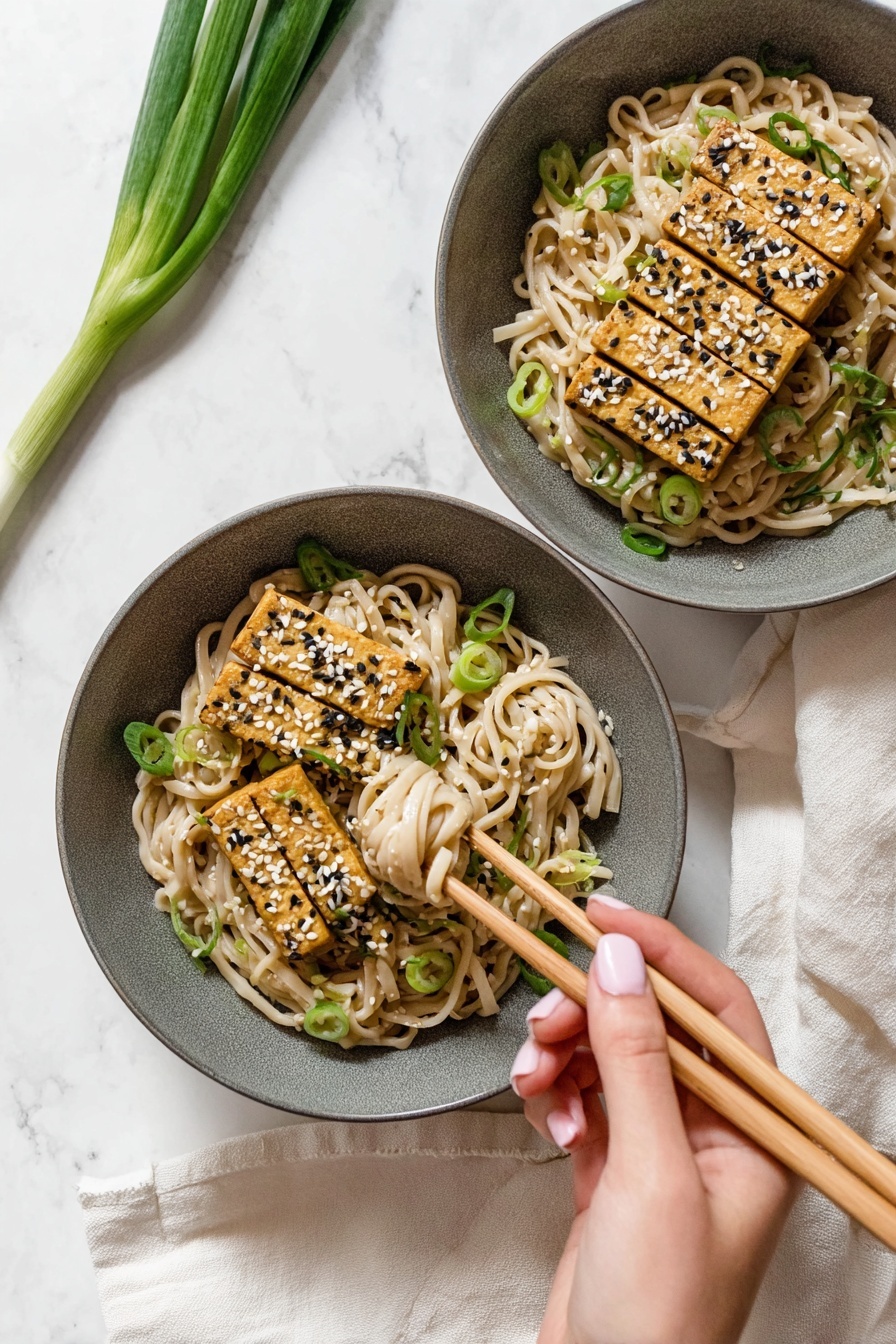 A round white bowl filled with creamy light beige noodles mixed with small green pieces, topped with four rectangular golden brown tofu slices sprinkled with white and black sesame seeds and chopped green onions. The noodles have a smooth texture, and the tofu pieces are placed side by side in the center. The bowl is set on a white marbled surface with two whole green onions placed above it and a pair of wooden chopsticks resting on a beige cloth to the right. Photo taken with an iphone --ar 2:3 --v 7 - Peanut Udon Noodles, easy Asian noodle dish, quick vegetarian dinner, creamy peanut noodle recipe, flavorful udon stir-fry
