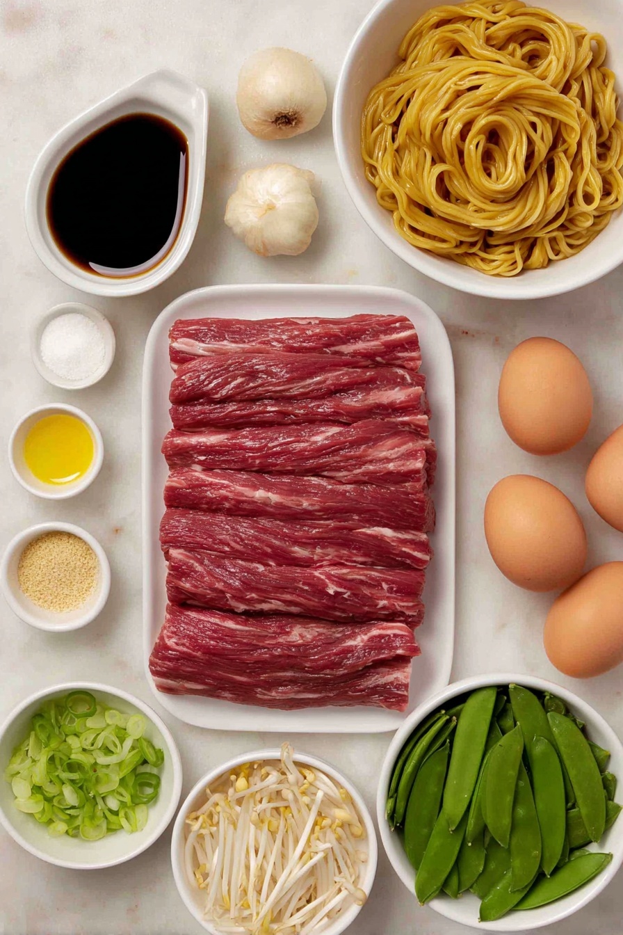Flat lay of thin strips of fresh flank steak, a small bowl of cornstarch, a small bowl of light soy sauce, a small bowl of dark soy sauce, a small bowl of oyster sauce, a small bowl of sesame oil, a small bowl of white sugar, a small bowl of salt, a small bowl of white pepper, fresh lo mein noodles coiled in a simple white ceramic bowl, a peeled clove of garlic, a medium julienned carrot, half a julienned red bell pepper, sliced fresh mushrooms, thin strips of bamboo shoots, shredded Napa cabbage, fresh whole snow peas, crisp mung bean sprouts, two whole uncracked brown eggs, two scallions julienned with white and green parts separated in small white bowls, a small bowl of Shaoxing wine, placed on a clean white marble surface, soft natural light, photo taken with an iPhone, professional food photography style, fresh ingredients, white ceramic bowls, no bottles, no duplicates, no utensils, no packaging --ar 2:3 --v 7 --p m7354615311229779997 - Beef Lo Mein Stir-Fry, beef stir-fry recipe, easy Chinese stir-fry, quick weeknight dinner, flavorful beef and vegetable stir-fry