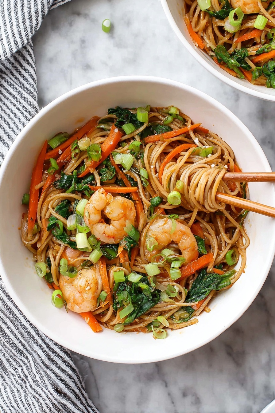 A large black pan filled with a stir-fry of light brown noodles mixed with green bok choy leaves, thin orange carrot strips, and small white chunks of bok choy stems, scattered with cooked shrimp that are pink with a slight shine. Bright green chopped scallions are sprinkled on top, adding freshness. A pair of metal tongs lifts a mix of noodles and shrimp from the pan. The pan rests on a white marbled surface with a clear glass bowl holding more chopped green scallions in the background. A beige cloth is draped on the upper left side. photo taken with an iphone --ar 2:3 --v 7 - Shrimp Lo Mein Stir Fry, Chinese takeout-style shrimp stir fry, easy shrimp lo mein, quick shrimp stir fry recipe, homemade shrimp lo mein
