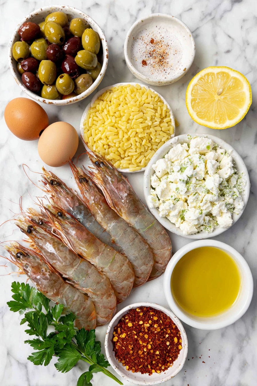 Flat lay of a handful of large raw shrimp (u26 size), a small mound of uncooked orzo pasta, a whole medium onion diced with pieces separated, six whole garlic cloves peeled, a small white bowl of crumbled feta cheese, a small white bowl of chopped oil-cured black olives, a small white bowl of bright yellow lemon zest, a small white bowl with fresh lemon juice, a small bunch of fresh flat-leaf Italian parsley with some leaves scattered, a small white bowl filled with crushed hot red pepper flakes, a whole uncracked brown egg next to a small white bowl of olive oil, salt and black pepper scattered naturally, placed on a clean white marble surface, soft natural light, photo taken with an iPhone, professional food photography style, fresh ingredients, white ceramic bowls, no bottles, no duplicates, no utensils, no packaging --ar 2:3 --v 7 --p m7354615311229779997 - Shrimp and Feta Orzo, shrimp feta pasta, easy shrimp orzo, lemon shrimp pasta, quick seafood dinner