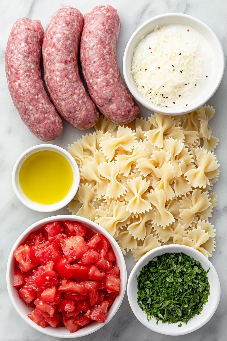 Flat lay of a small pile of fresh bow tie (farfalle) pasta, a few whole sweet Italian sausages with smooth casings, a medium yellow onion diced into neat cubes, three plump garlic cloves peeled, a small white ceramic bowl filled with bright red Italian diced tomatoes, another small white bowl containing golden olive oil, a third white bowl with creamy heavy cream, a tiny white dish holding red pepper flakes, a small mound of freshly grated parmesan cheese, and a few sprigs of vibrant green chopped basil, all arranged symmetrically and balanced on a clean white marble surface, soft natural light, photo taken with an iPhone, professional food photography style, fresh ingredients, white ceramic bowls, no bottles, no duplicates, no utensils, no packaging --ar 2:3 --v 7 --p m7354615311229779997 - Creamy Italian Sausage Bow Tie Pasta, Italian Sausage Pasta, Creamy Pasta with Italian Sausage, Bow Tie Pasta Recipes, Easy Italian Sausage Pasta