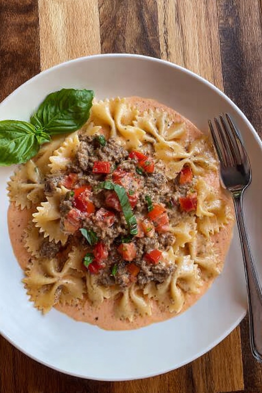 A white round plate sits on a wooden surface with a creamy pink sauce spread evenly on the bottom layer. On top, there is a layer of bow-tie pasta mixed with ground meat pieces and small diced red tomatoes, giving a mix of beige, brown, and red colors with a slightly chunky texture. A green basil leaf decorates the upper left edge of the plate. To the right side of the plate, a silver fork rests on the wooden surface. The photo taken with an iphone --ar 2:3 --v 7 - Creamy Italian Sausage Bow Tie Pasta, Italian Sausage Pasta, Creamy Pasta with Italian Sausage, Bow Tie Pasta Recipes, Easy Italian Sausage Pasta