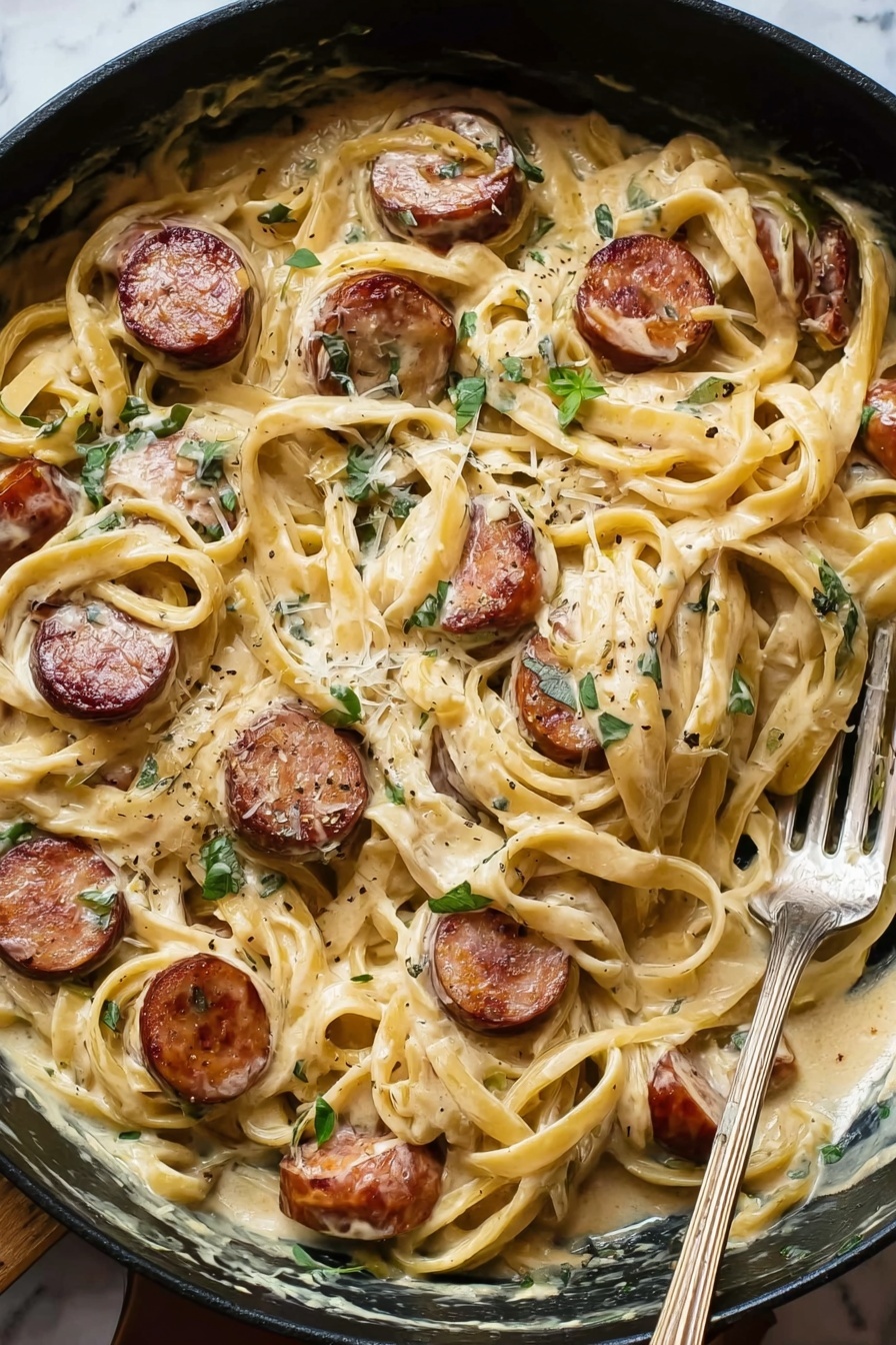 The image shows a white bowl filled with creamy fettuccine pasta mixed with round slices of mushrooms. The sauce is light beige and smooth, covering the pasta and mushrooms evenly. Small green chopped herbs are sprinkled on top, adding a touch of color. Around the bowl, there are two small white bowls, one with finely chopped green herbs and the other with red chili flakes. The bowl is placed on a wooden table with a silver spoon and fork nearby, and a white marbled surface background. Photo taken with an iphone --ar 2:3 --v 7 - Smoked Sausage Cajun Alfredo Pasta, creamy Cajun pasta, smoky sausage pasta, quick Cajun Alfredo, indulgent sausage pasta